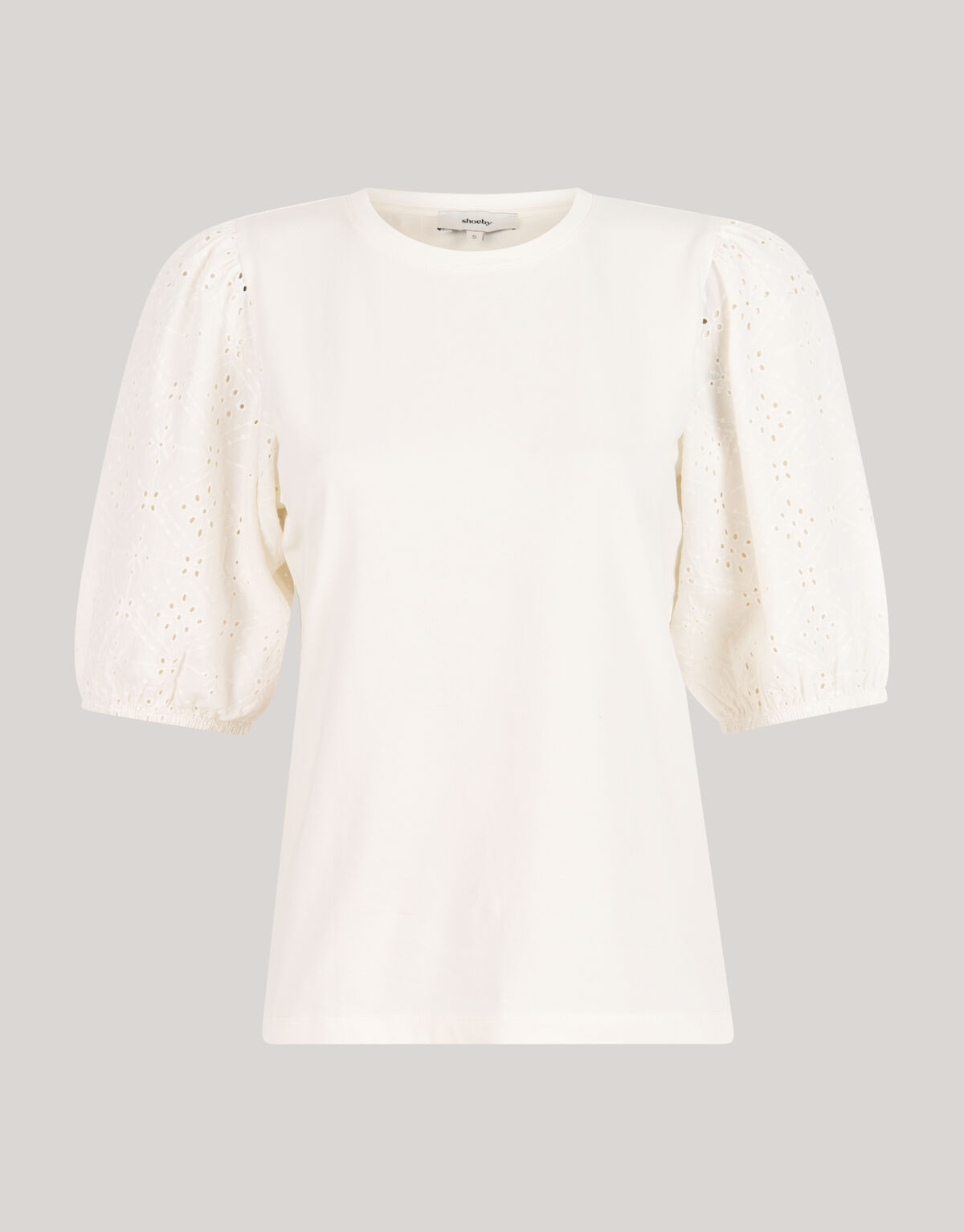Besticktes T-Shirt mit Puff&auml;rmeln Wei&szlig; SHOEBY WOMEN
