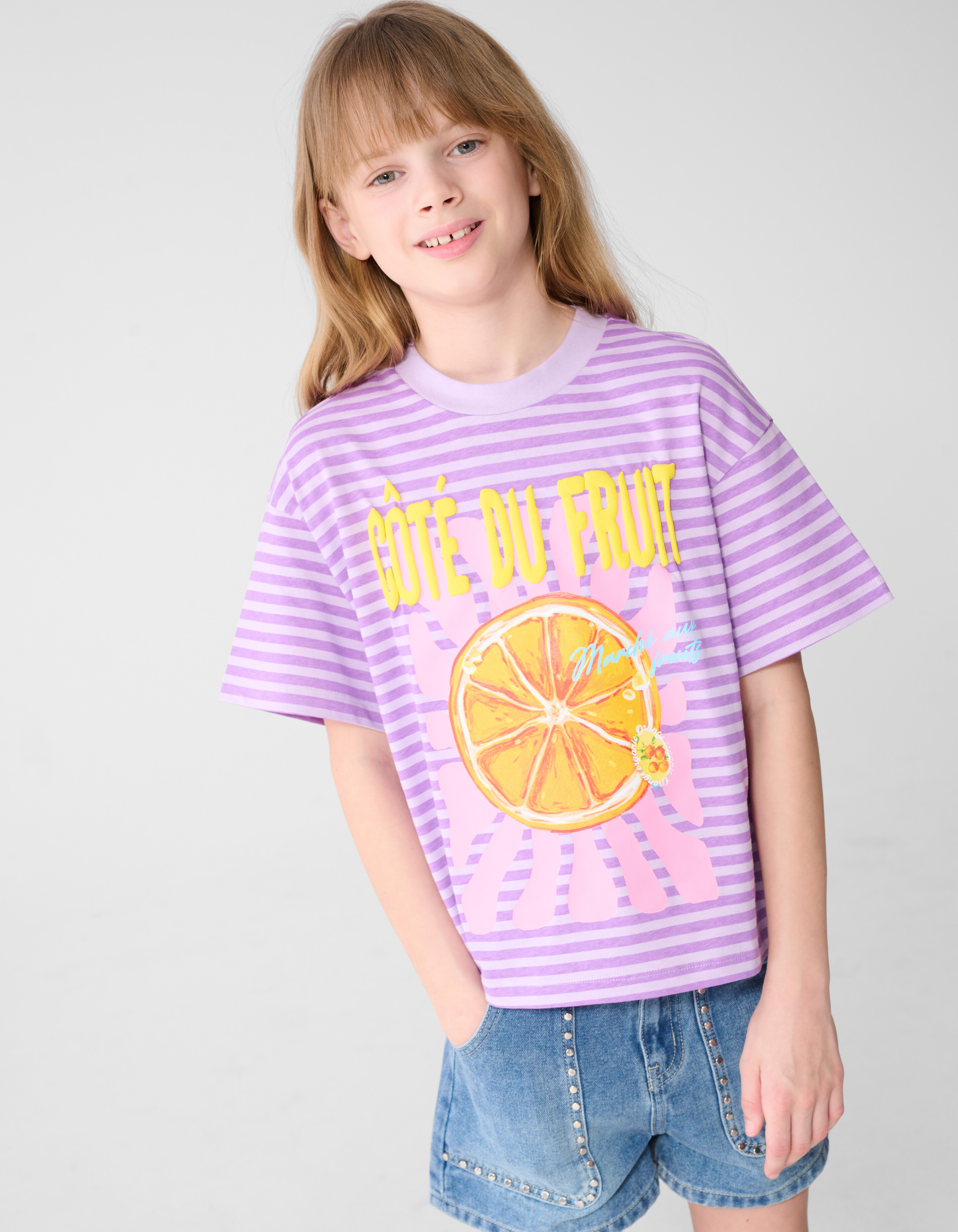 Gestreiftes Obst-Kunst T-Shirt Helllila SHOEBY GIRLS