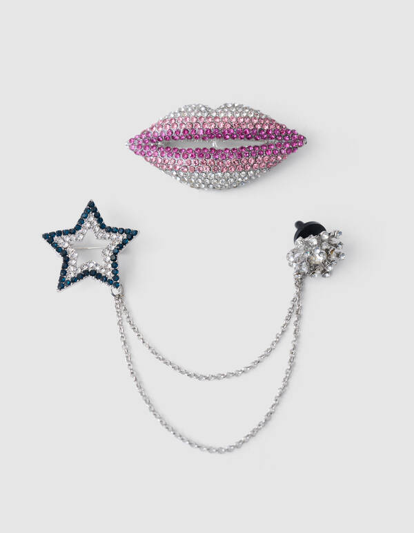 Lippen/Star Strass Broschen-Set Silber SHOEBY ACCESSOIRES