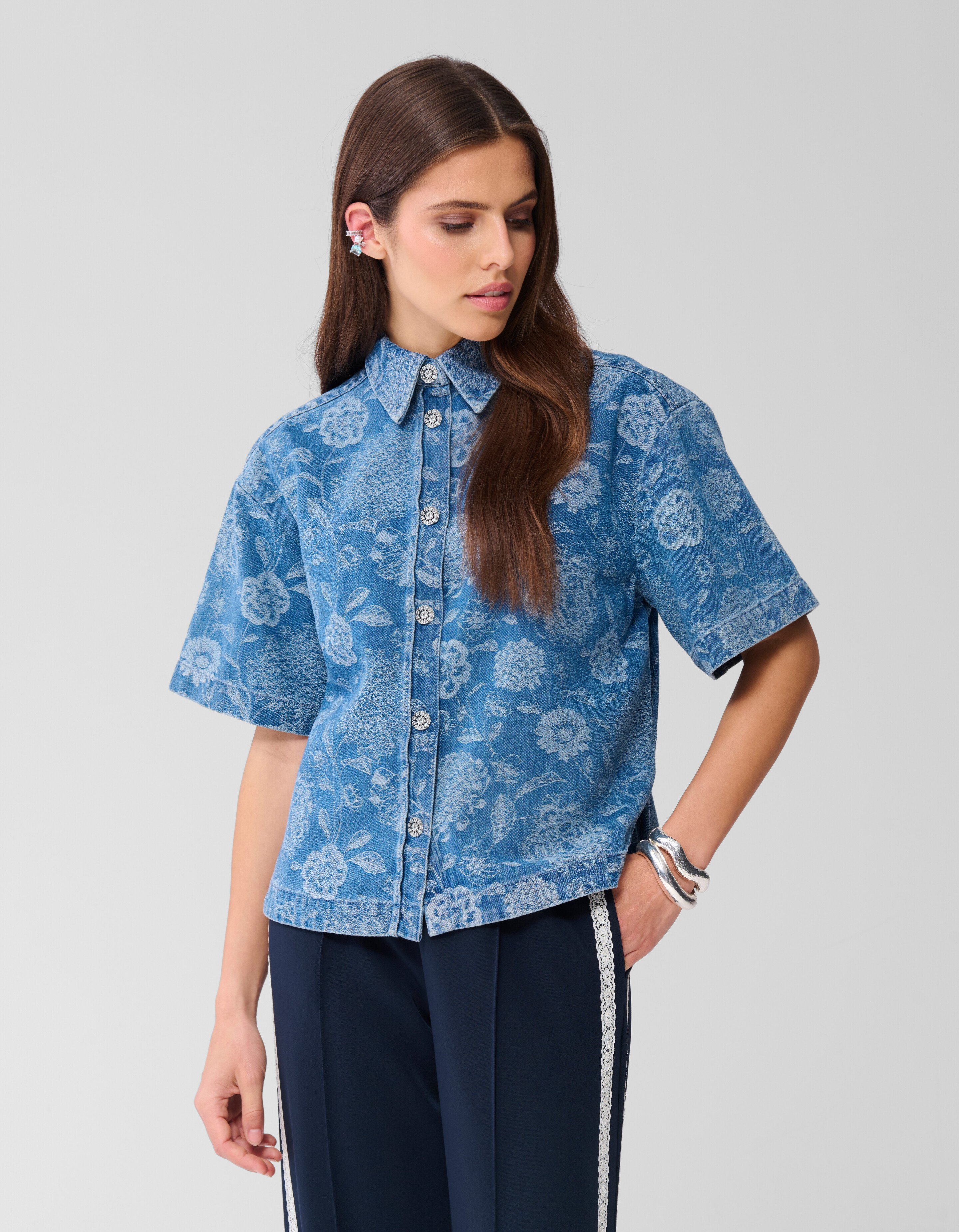 Übergroße Blume Denim Bluse Blauw SHOEBY WOMEN