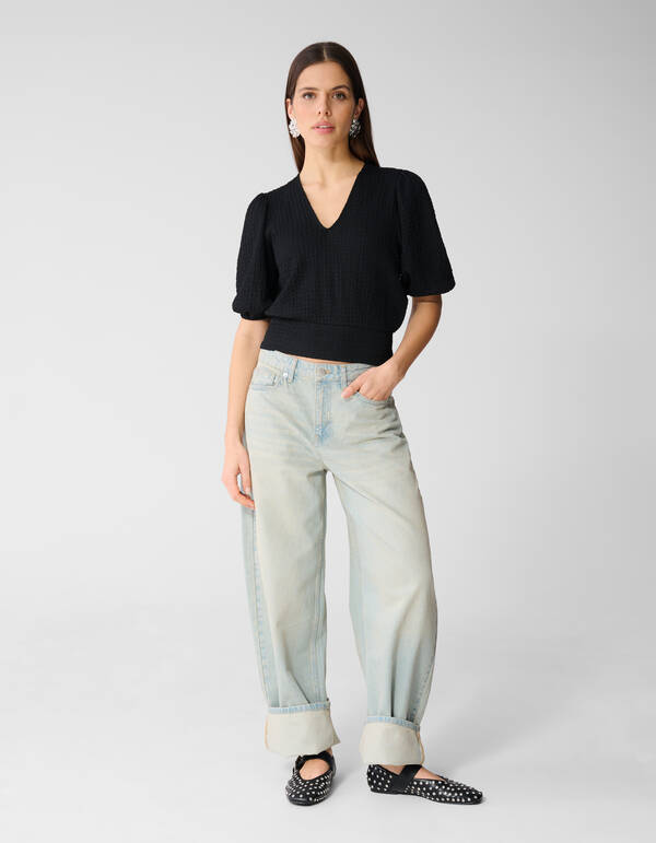 Ger&uuml;schtes V-Ausschnitt Top Schwarz SHOEBY WOMEN