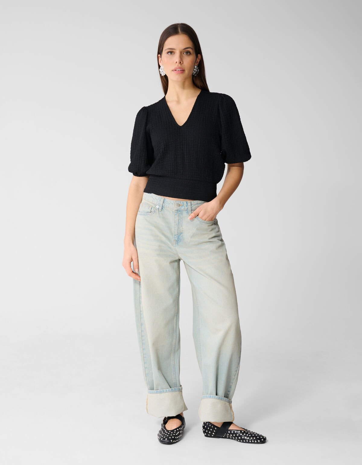 Ger&uuml;schtes V-Ausschnitt Top Schwarz SHOEBY WOMEN