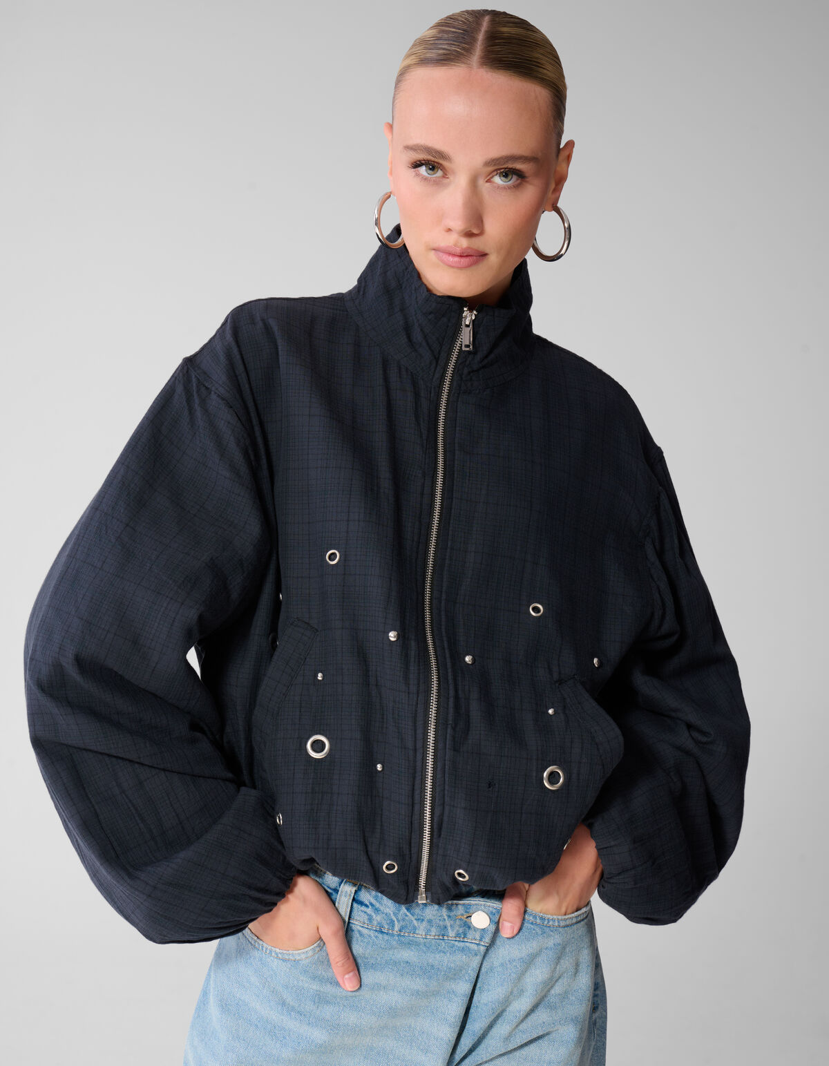 Cropped Bomberjacke mit Karomuster Dunkelblau SHOEBY WOMEN