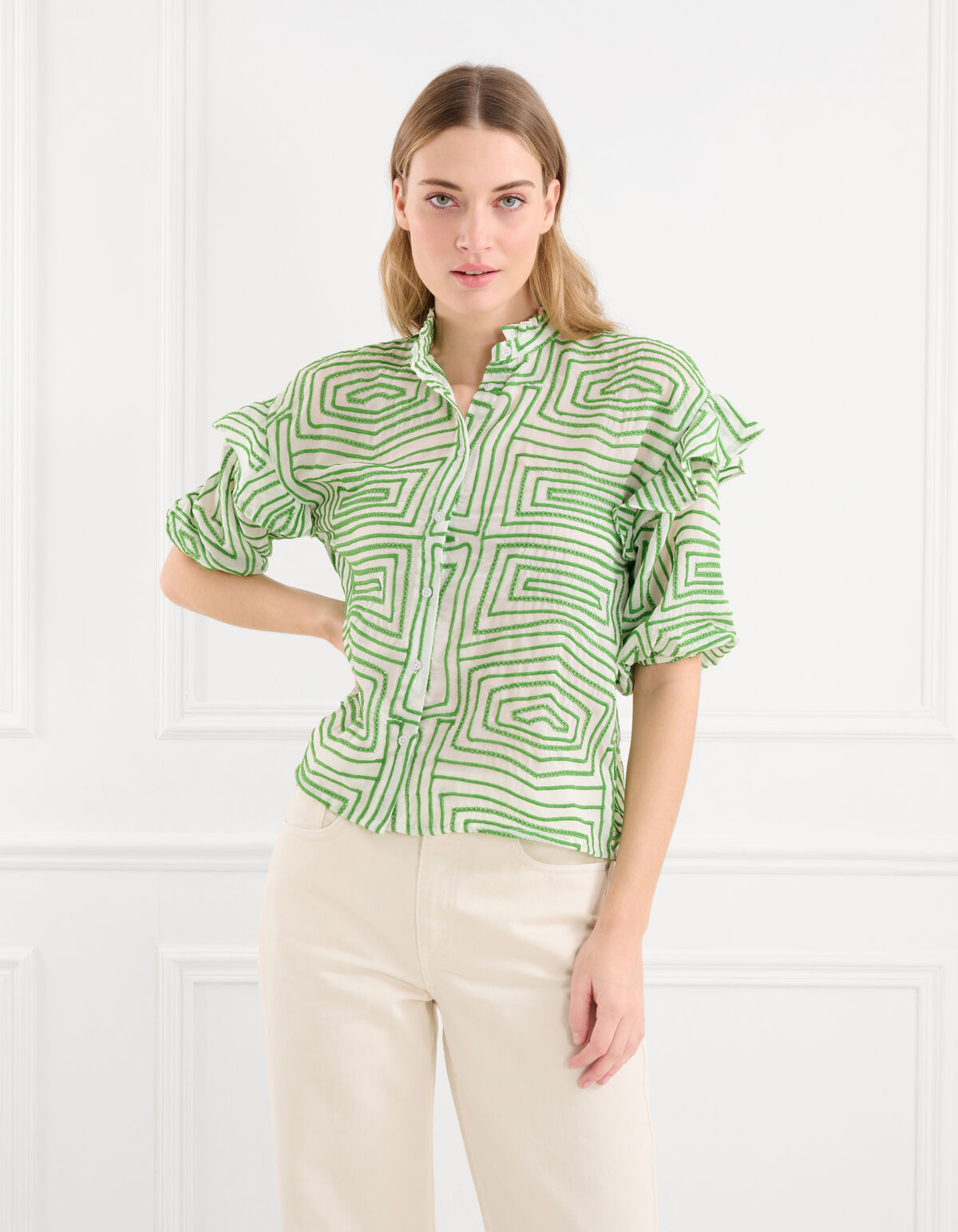 Printed Ruffle Blouse Groen SHOEBY WOMEN