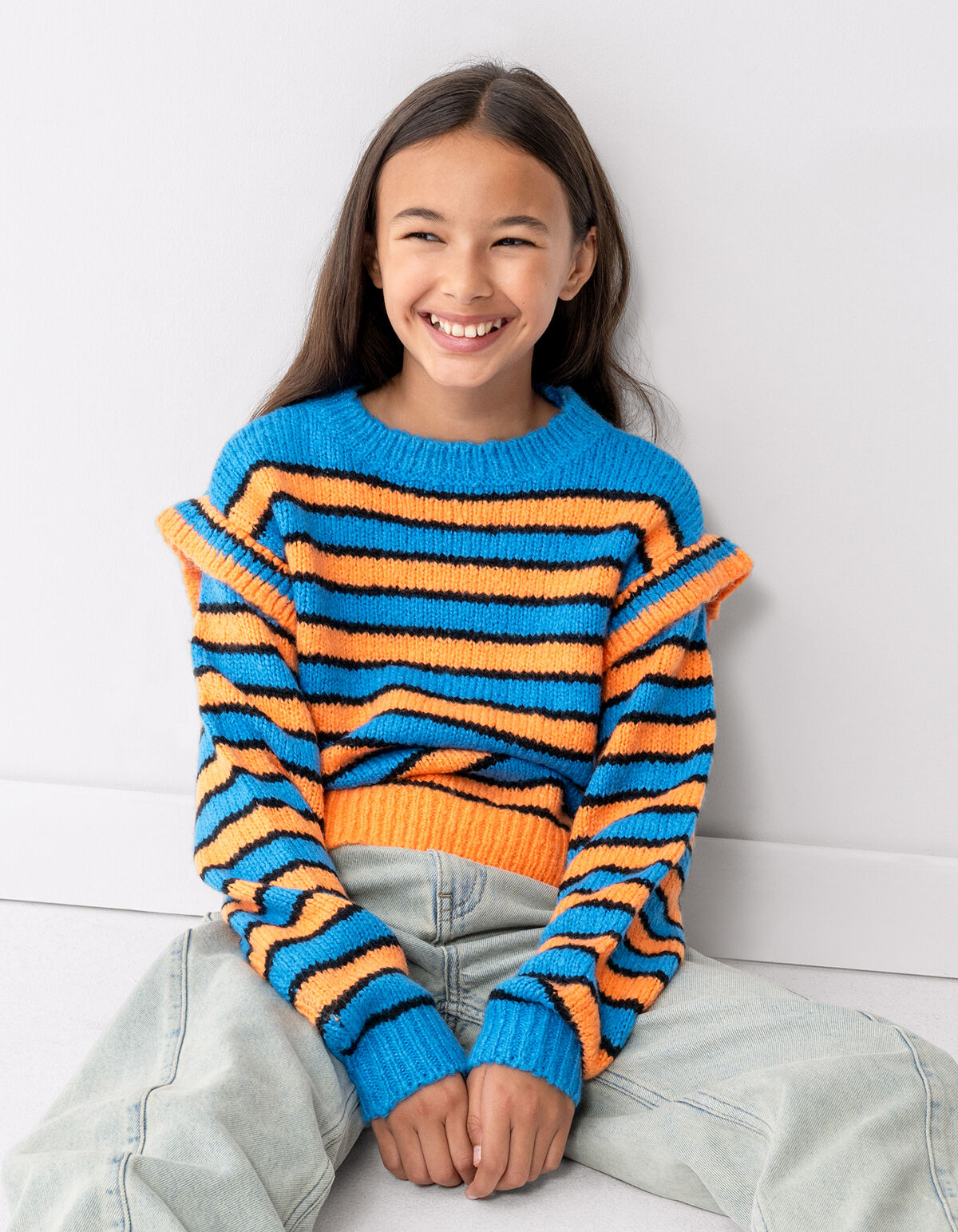 Rüschestreifen Pullover Blau/Orange SHOEBY GIRLS