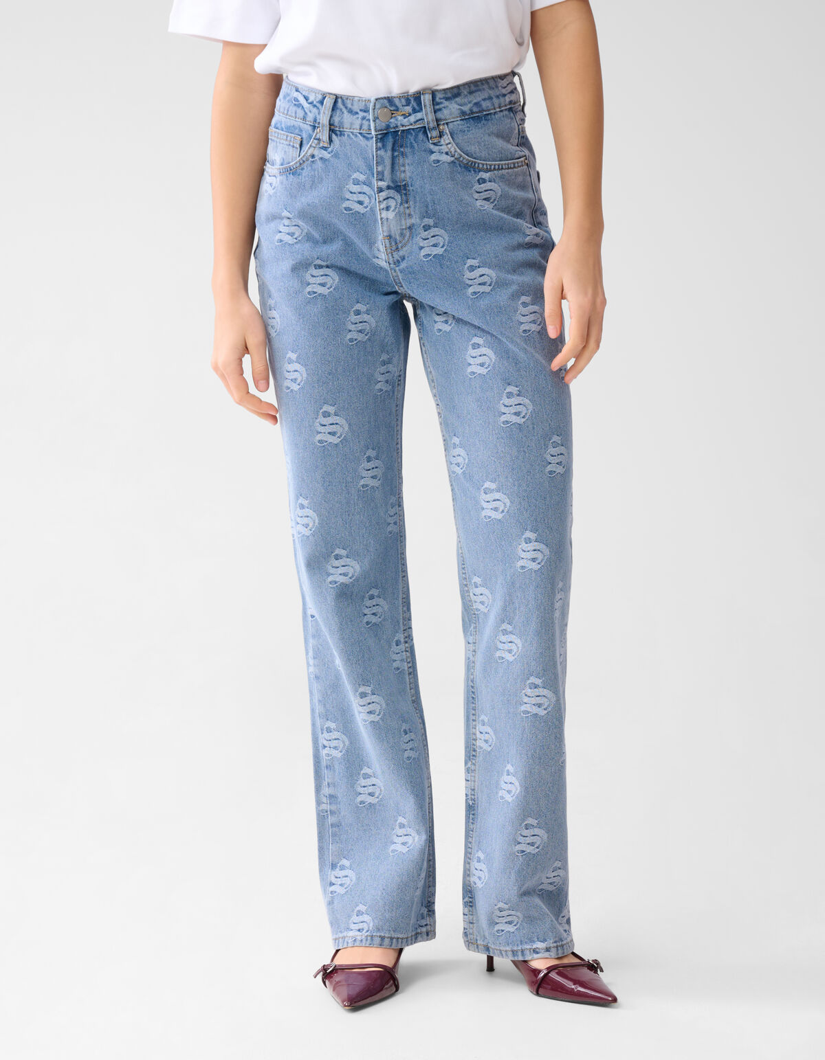 Jacquard Logo Straight Fit Jeans Mediumstone SHOEBY WOMEN