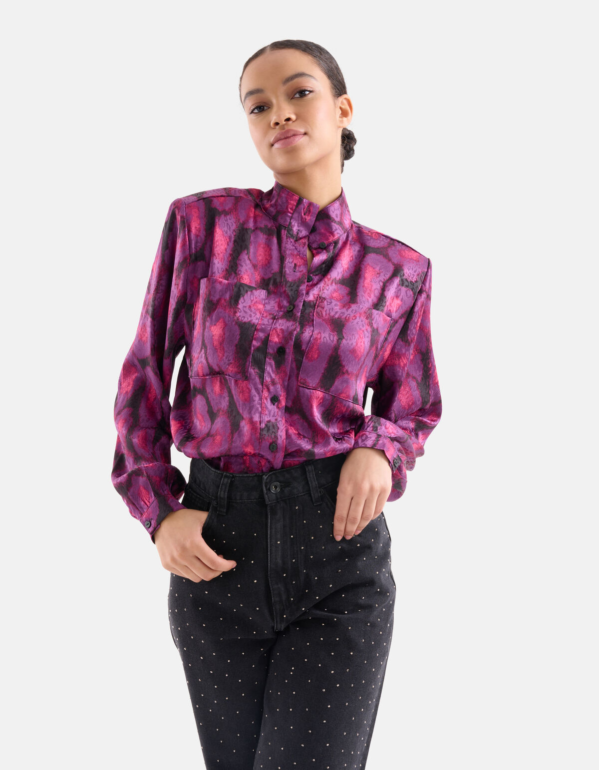 Satin Bluse mit Schulterpolster Violett EKSEPT