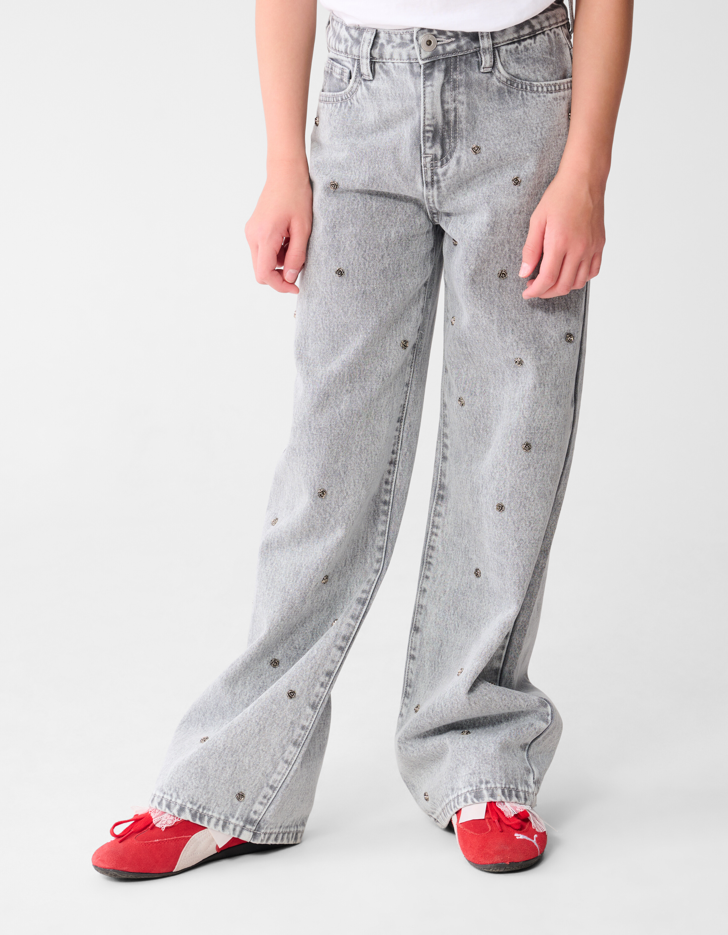 Rose Stud Weitbein-Jeans Hellgrau SHOEBY GIRLS