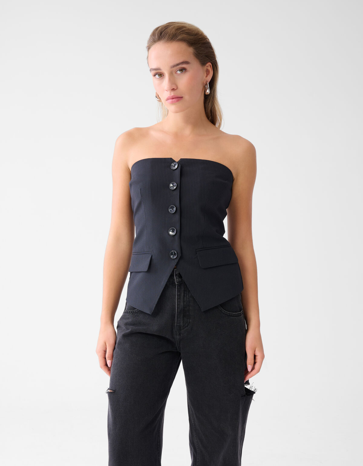 Tr&auml;gerloses Top mit Nadelstreifen Schwarz SHOEBY WOMEN