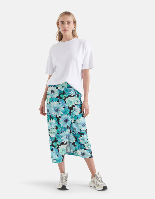 Midirock mit Blumendruck Blau SHOEBY WOMEN