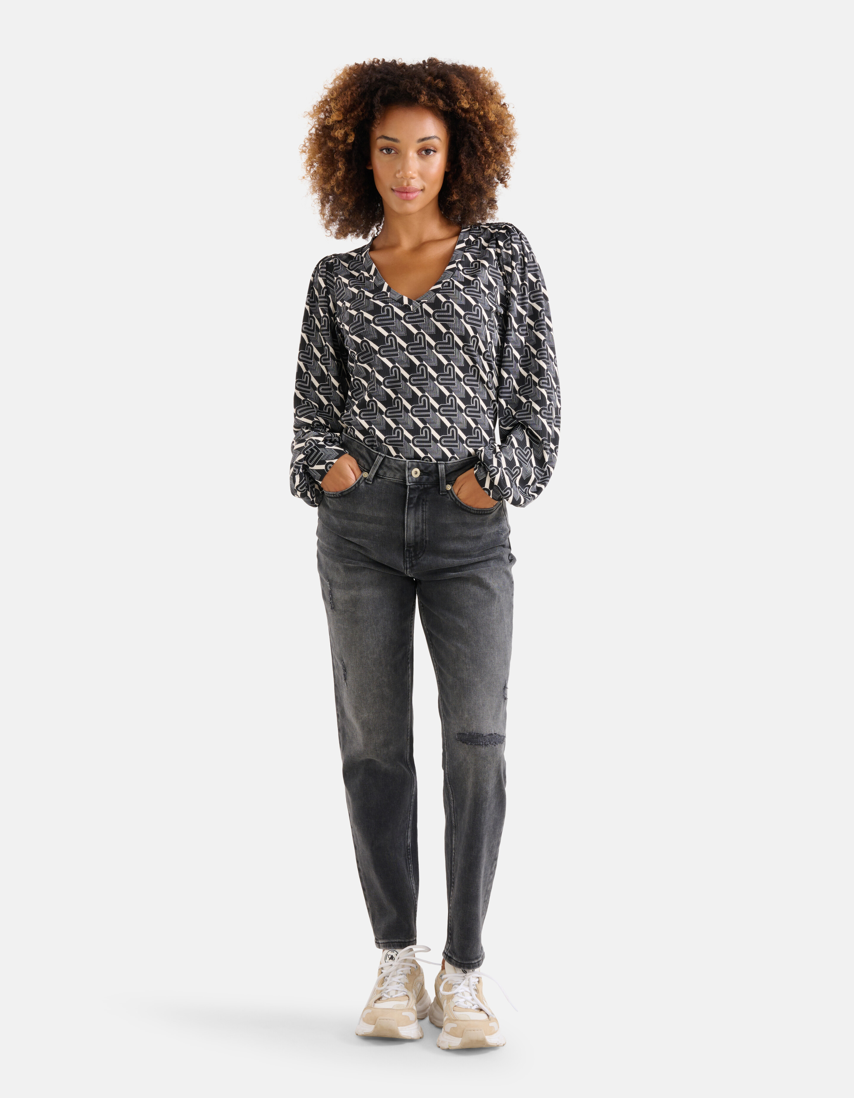 Bedrucktes Rippen-Langarmshirt Schwarz/Weiß SHOEBY WOMEN