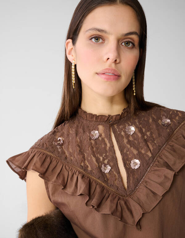 Kanten R&uuml;schen Top Braun SHOEBY WOMEN