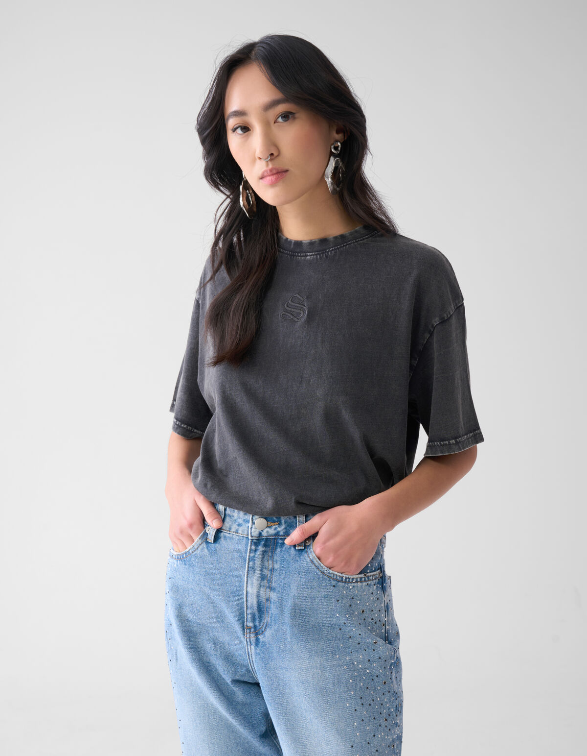 Gewaschenes Logo-T-Shirt Dunkelgrau SHOEBY WOMEN