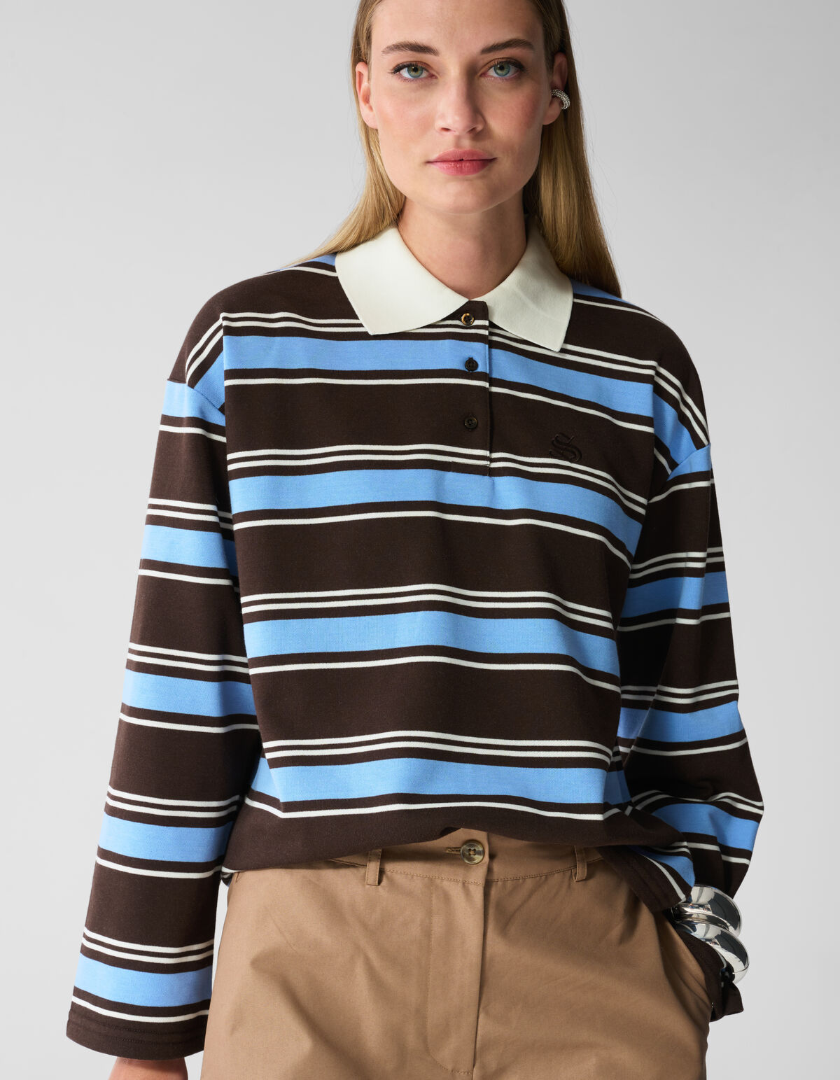 Gestreiftes Polo Longsleeve Dunkelbraun/Blau SHOEBY WOMEN