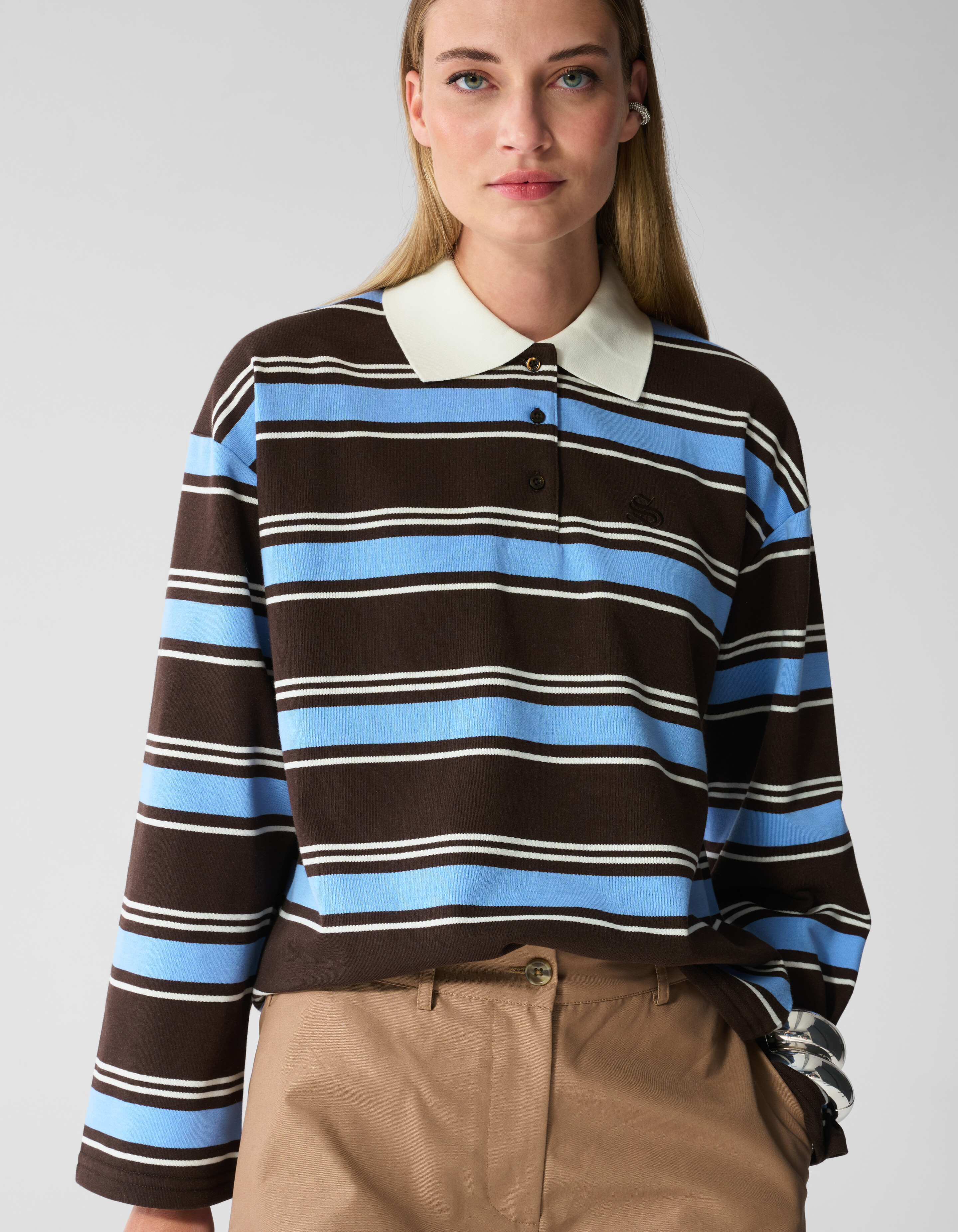 Gestreiftes Polo Longsleeve Dunkelbraun/Blau SHOEBY WOMEN