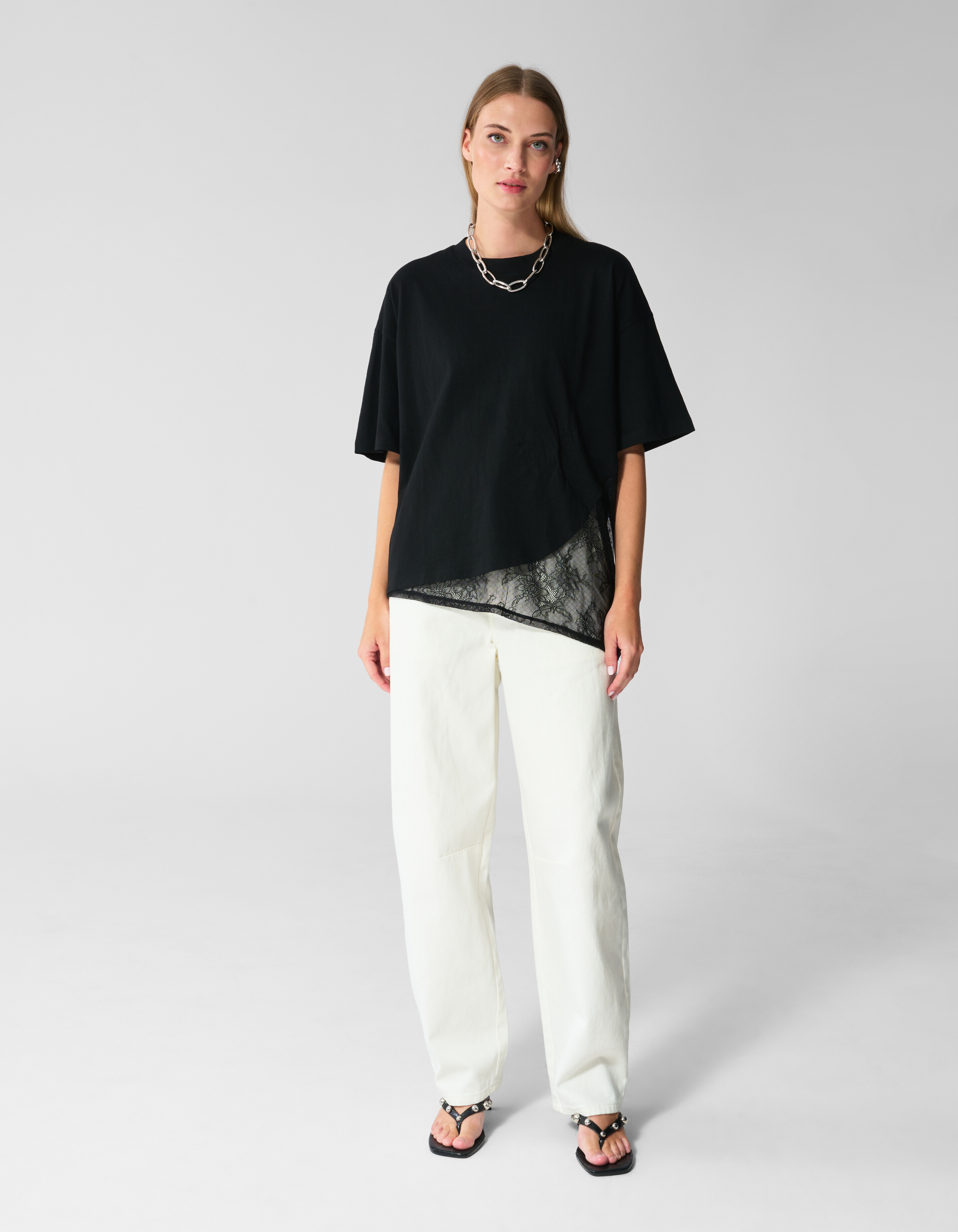 T-Shirt mit Spitzeneinsatz Schwarz SHOEBY WOMEN