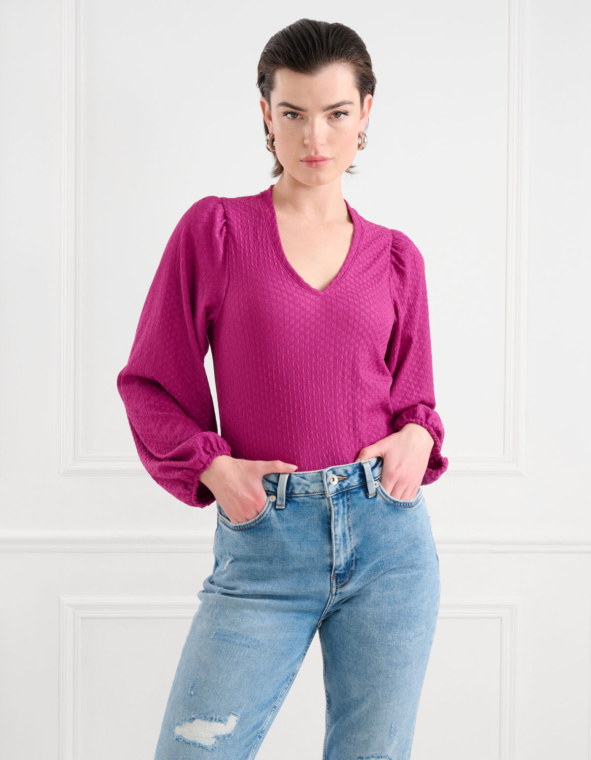 LA-SBCRINKLE V NECK LONGSLEEVE SHOEBY WOMEN
