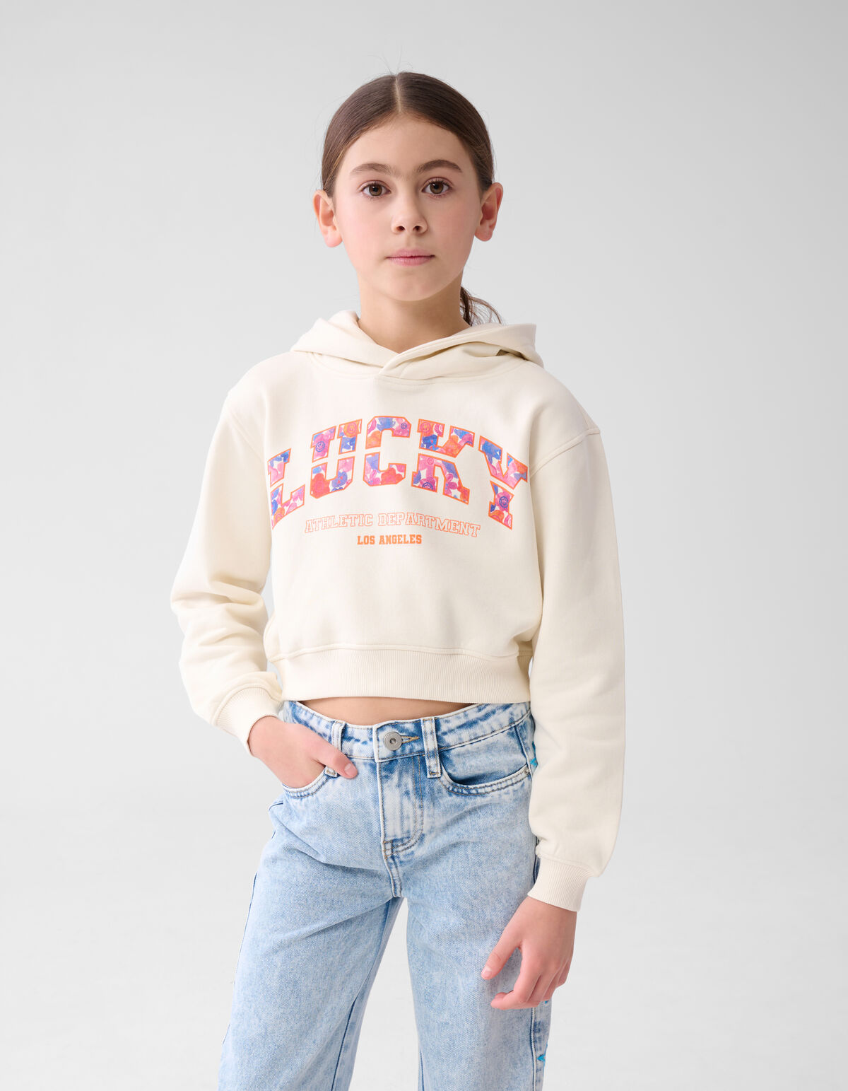 Gek&uuml;rzter Varsity-Kapuzenpullover Off White SHOEBY GIRLS