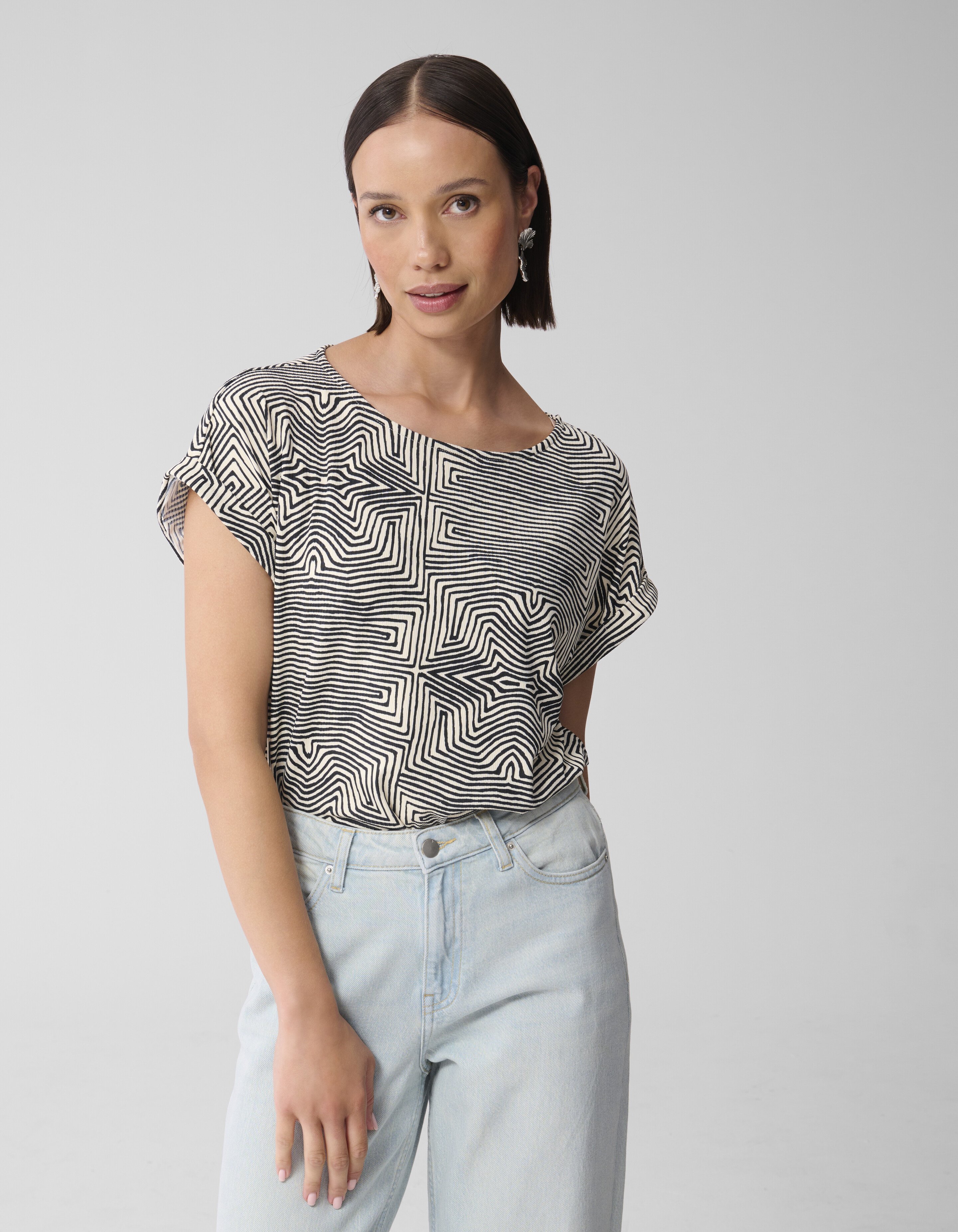 Bedrucktes Jersey-Rippen-Top Schwarz/Weiß SHOEBY WOMEN