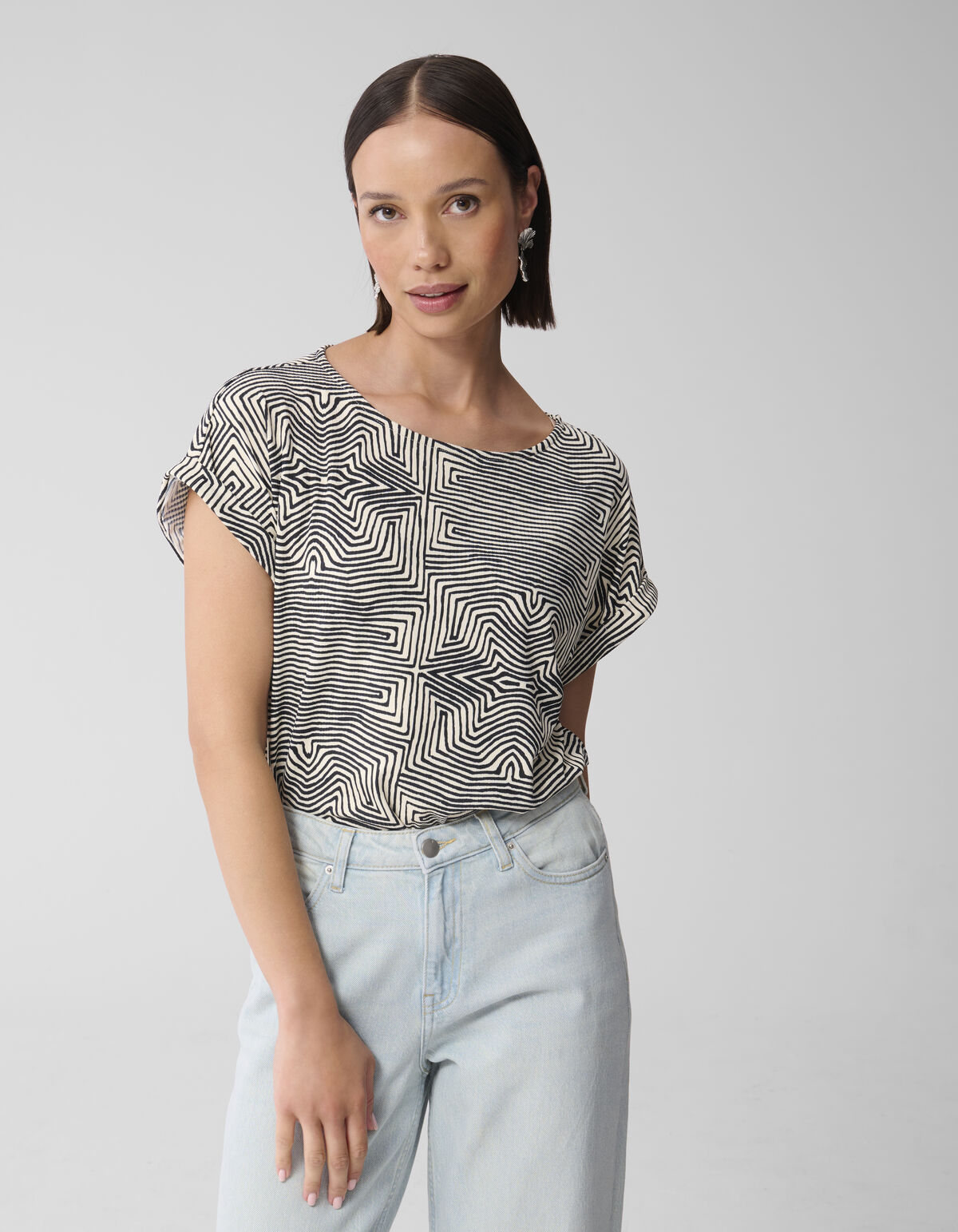 Bedrucktes Jersey-Rippen-Top Schwarz/Weiß SHOEBY WOMEN