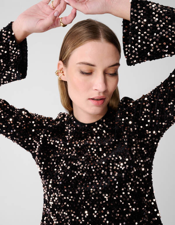 Pailletten-Flare-Langarmshirt Schwarz SHOEBY WOMEN