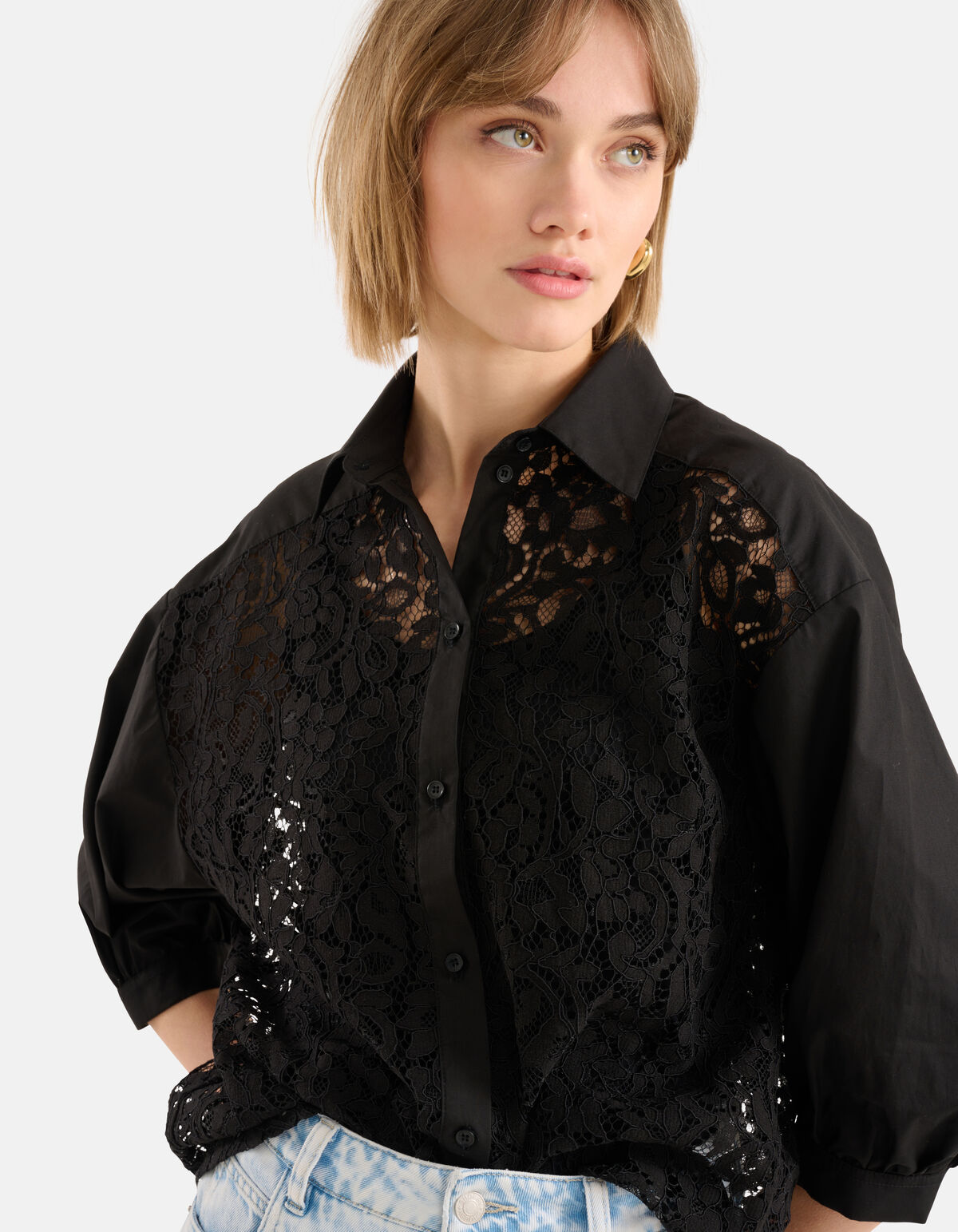 Bluse aus Spitzenpopeline Schwarz SHOEBY WOMEN