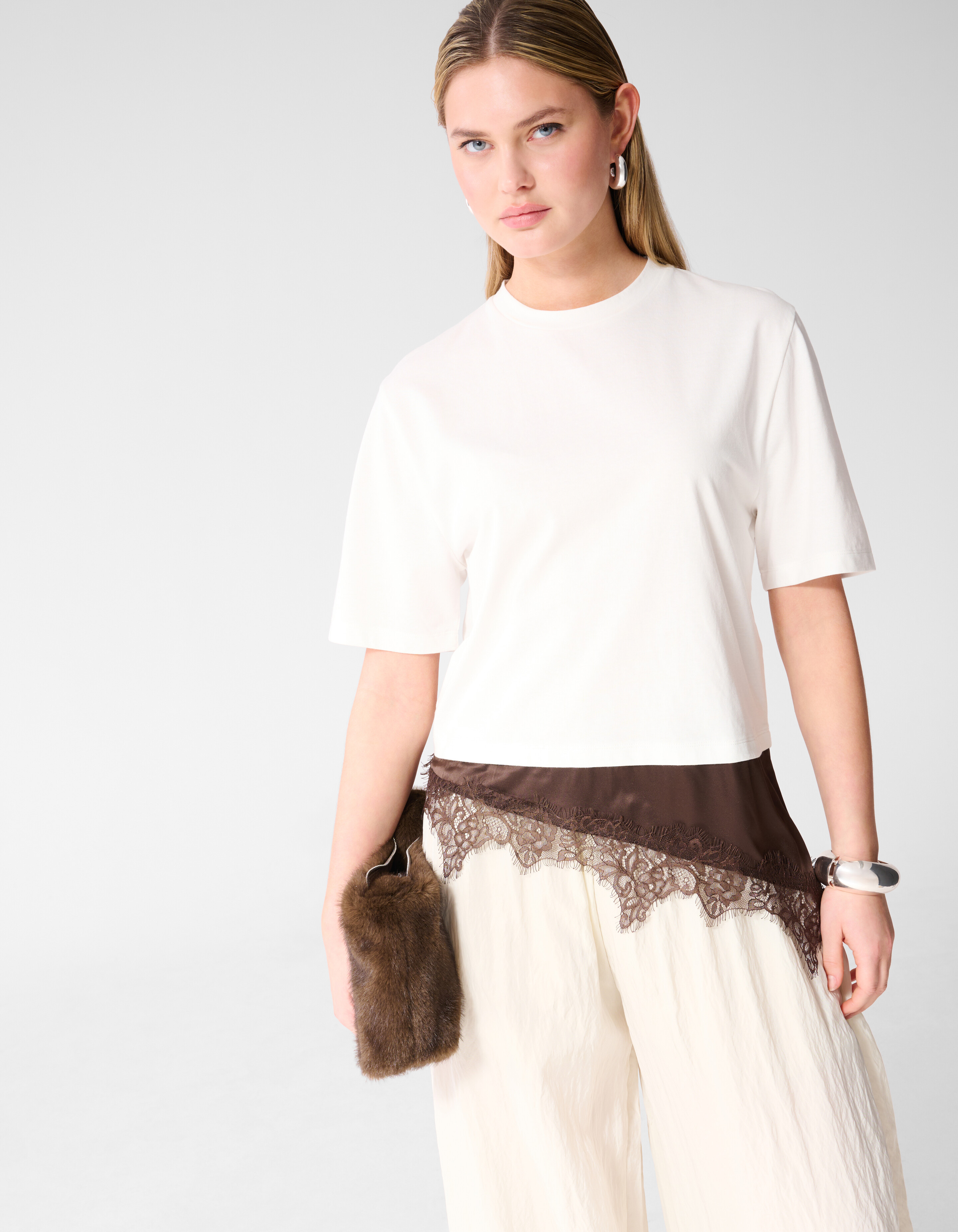 Kanten Satin T-Shirt Wei&szlig; SHOEBY WOMEN