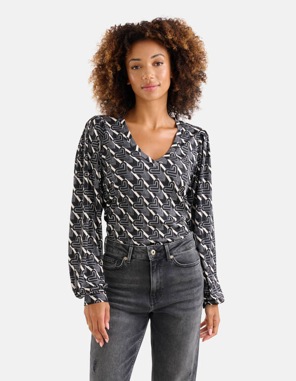Bedrucktes Rippen-Langarmshirt Schwarz/Weiß SHOEBY WOMEN