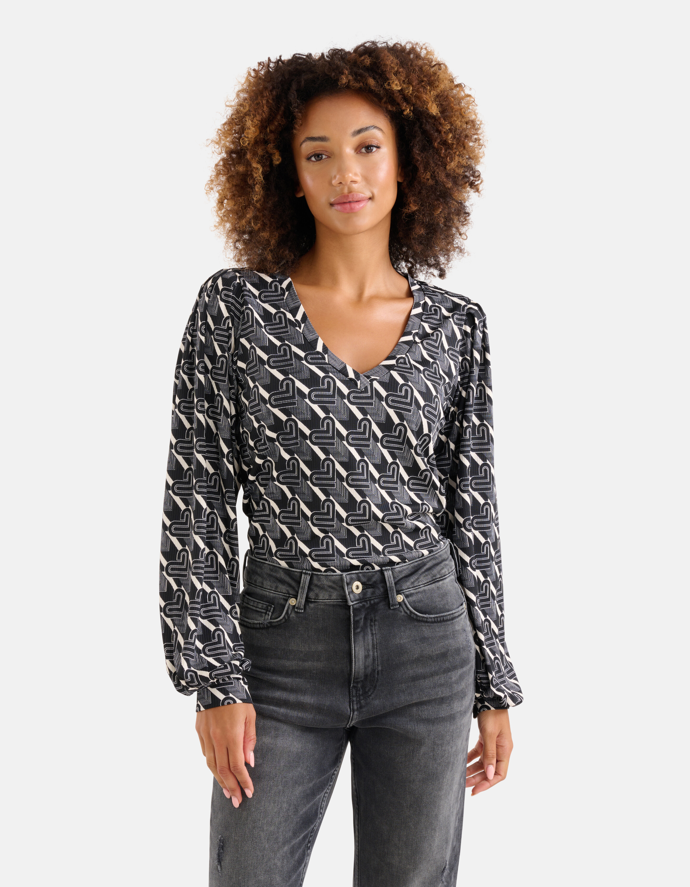 Bedrucktes Rippen-Langarmshirt Schwarz/Weiß SHOEBY WOMEN