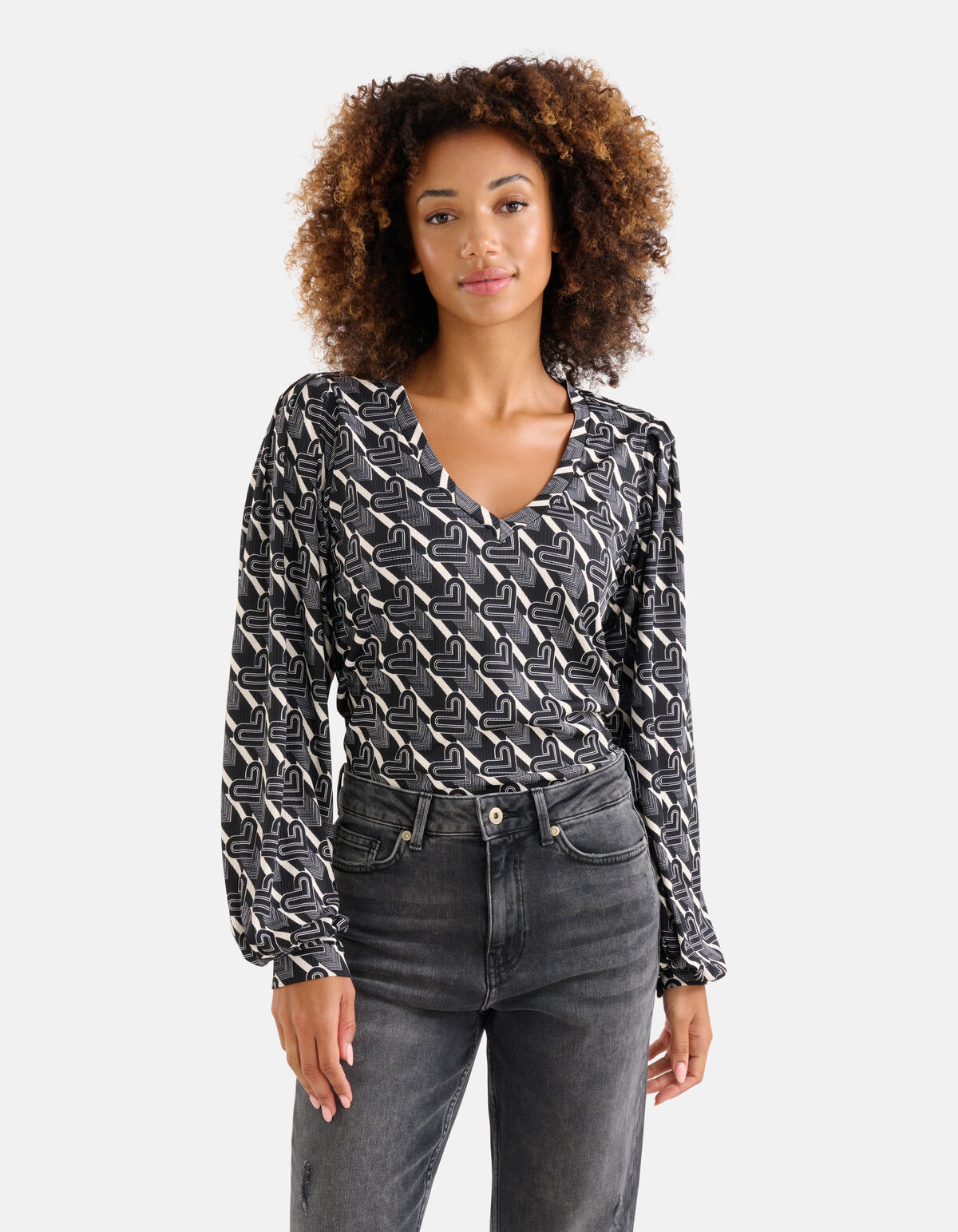 Bedrucktes Rippen-Langarmshirt Schwarz/Weiß SHOEBY WOMEN