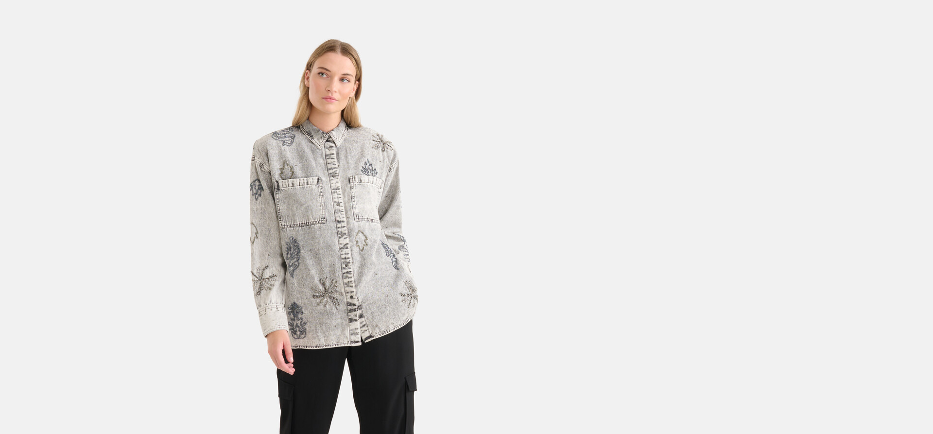 Embellished Denim Blouse Grijs SHOEBY WOMEN