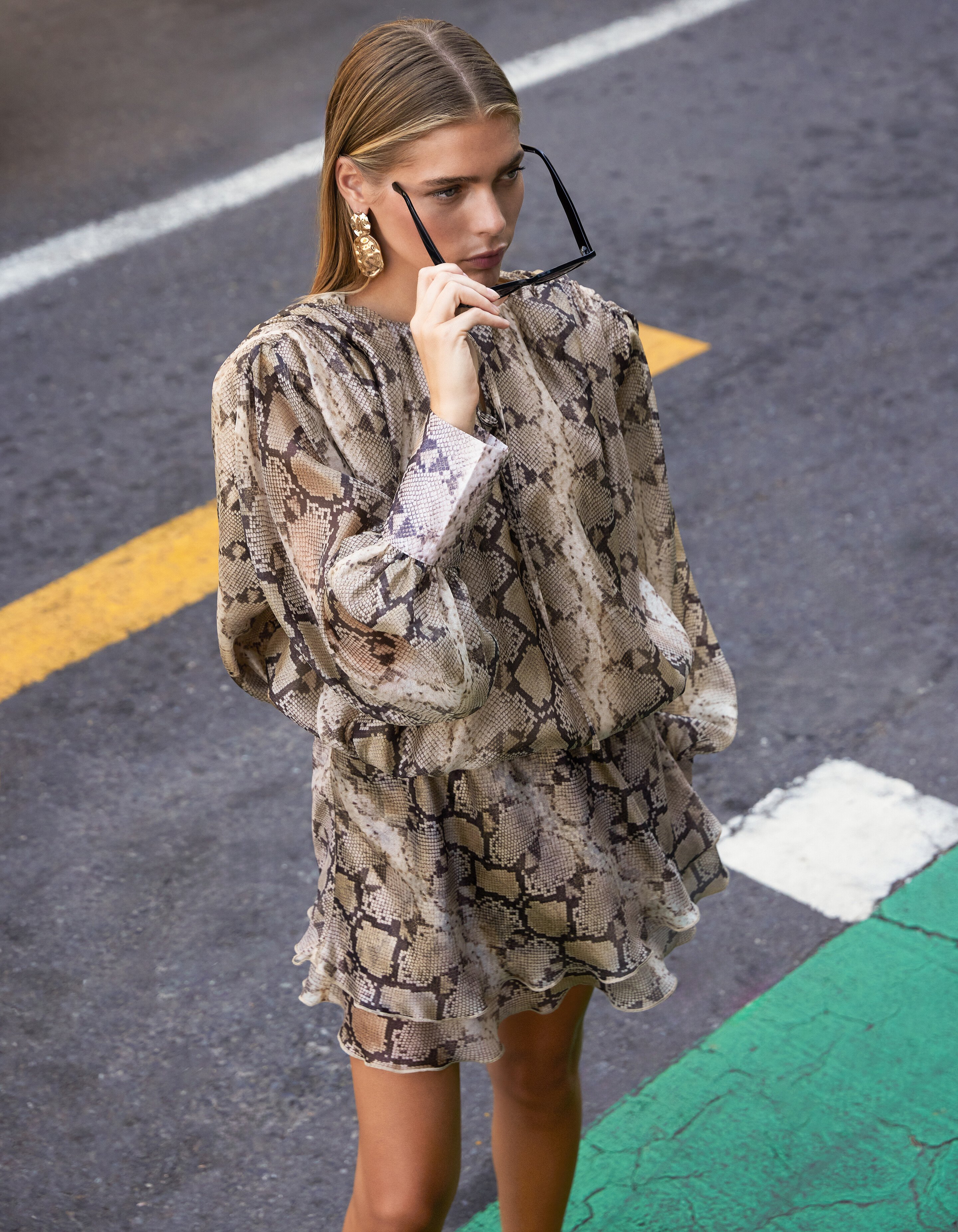 Schlange R&uuml;sche Mini Kleid Hellbraun SHOEBY WOMEN