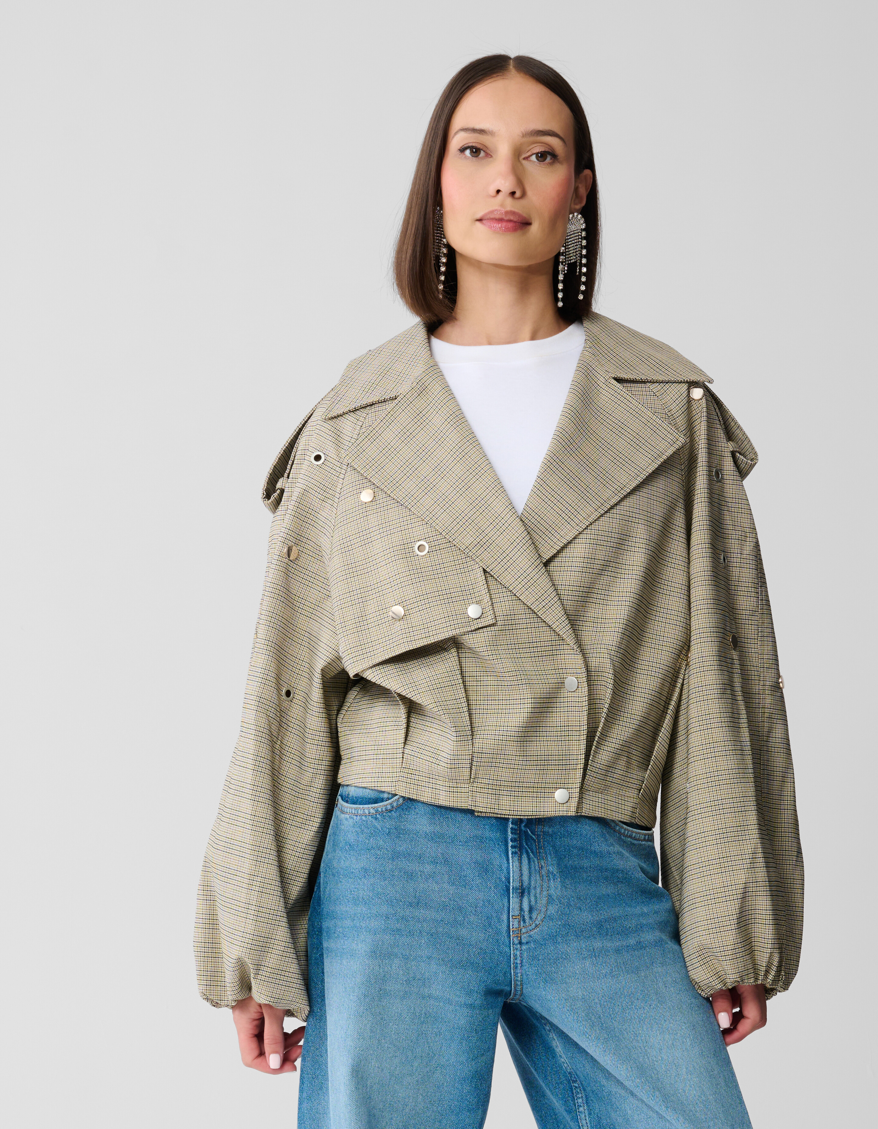 Karierte Trenchjacke mit Nieten Hellbraun SHOEBY WOMEN