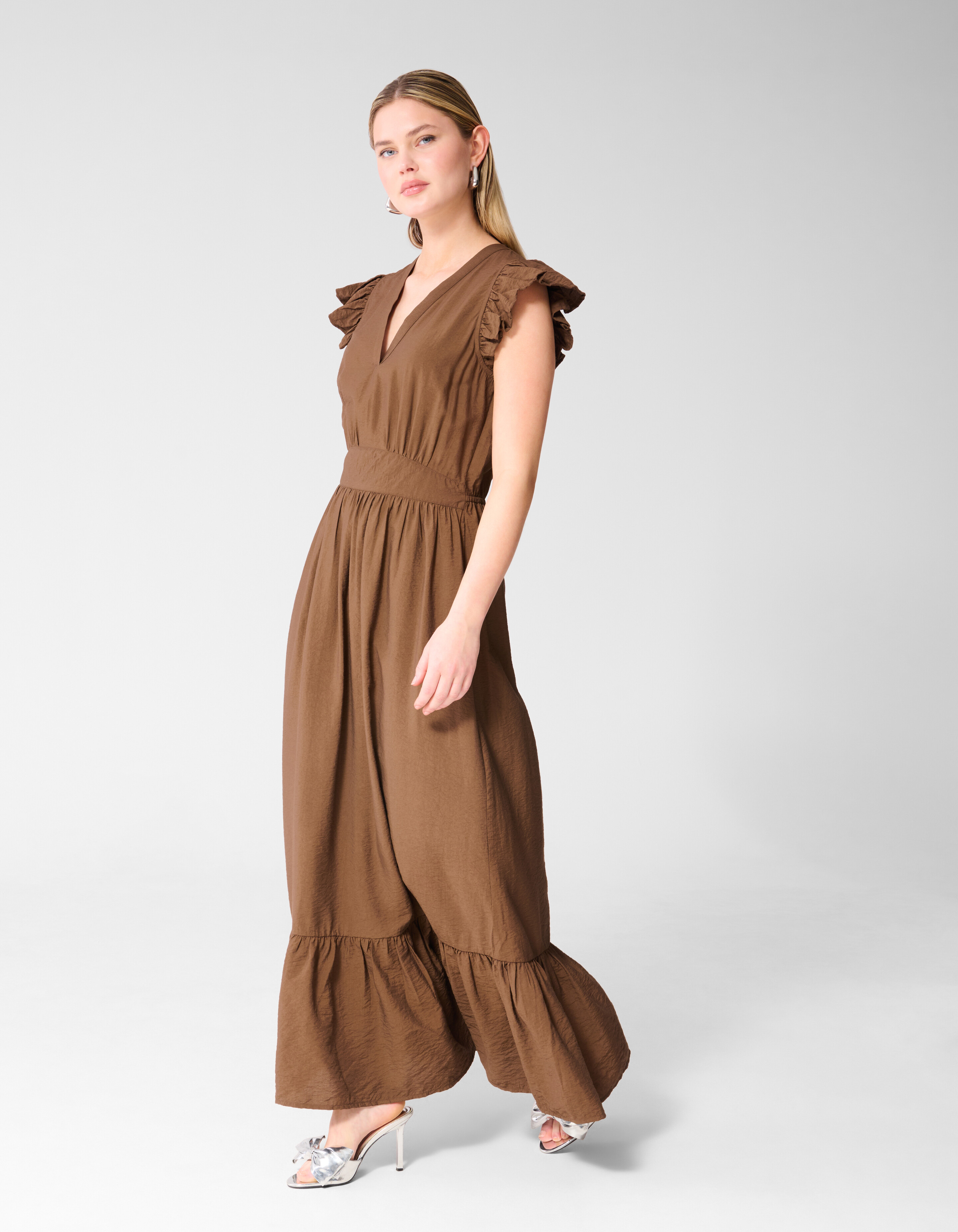 R&uuml;schen V-Ausschnitt Maxi Kleid Dunkelbraun SHOEBY WOMEN