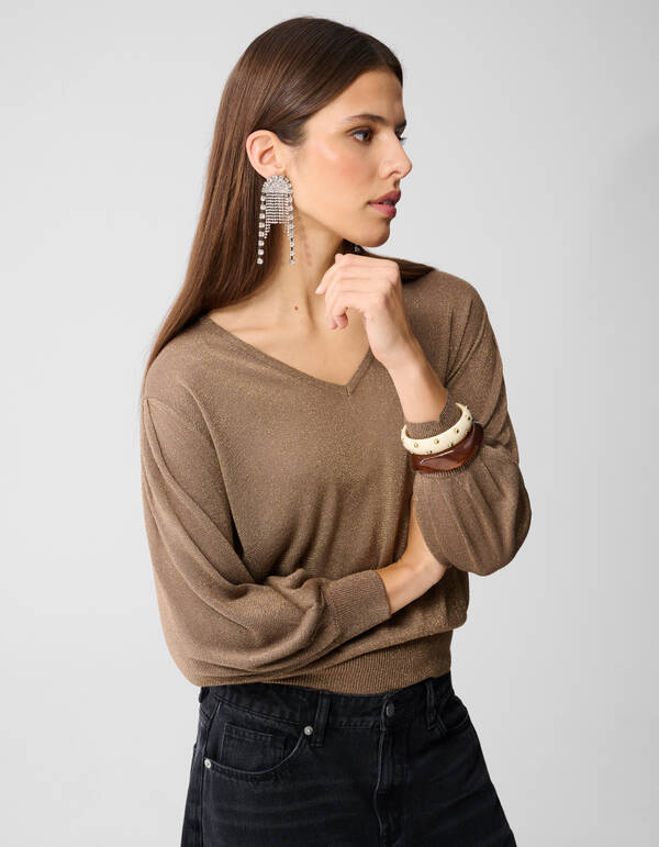 Glitzer-Pullover mit V-Ausschnitt Braun SHOEBY WOMEN
