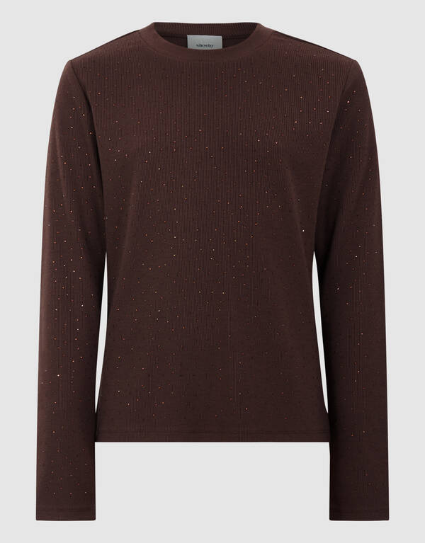 Strass-Rib-Langarm-Top in Dunkelbraun SHOEBY GIRLS