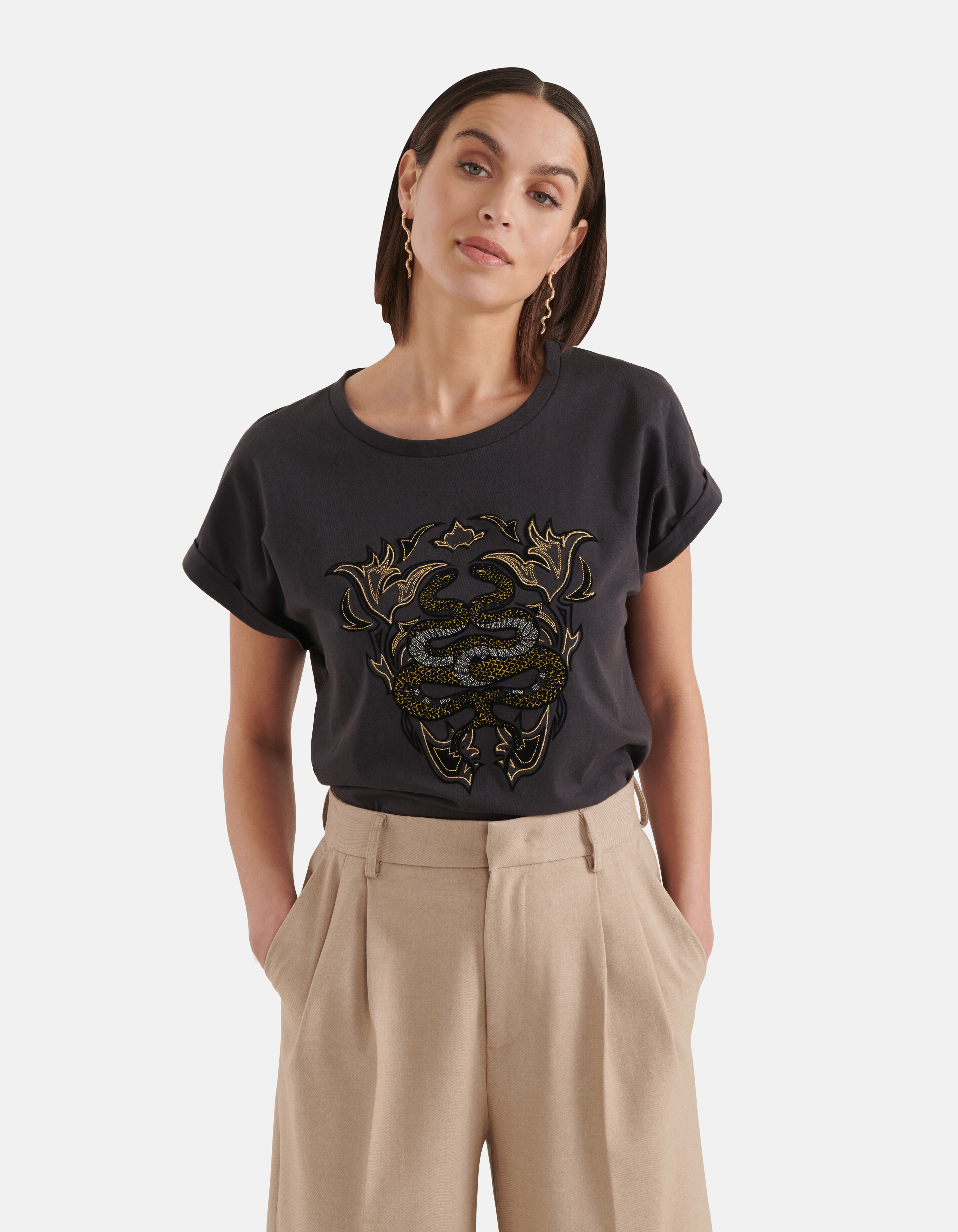 T-shirt mit Schlangenstickerei Dunkelgrau SHOEBY WOMEN