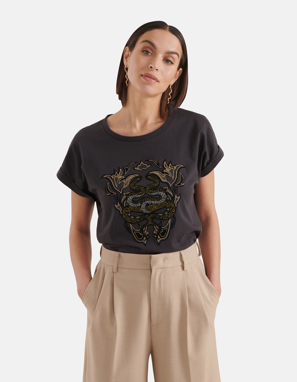 T-shirt mit Schlangenstickerei Dunkelgrau SHOEBY WOMEN