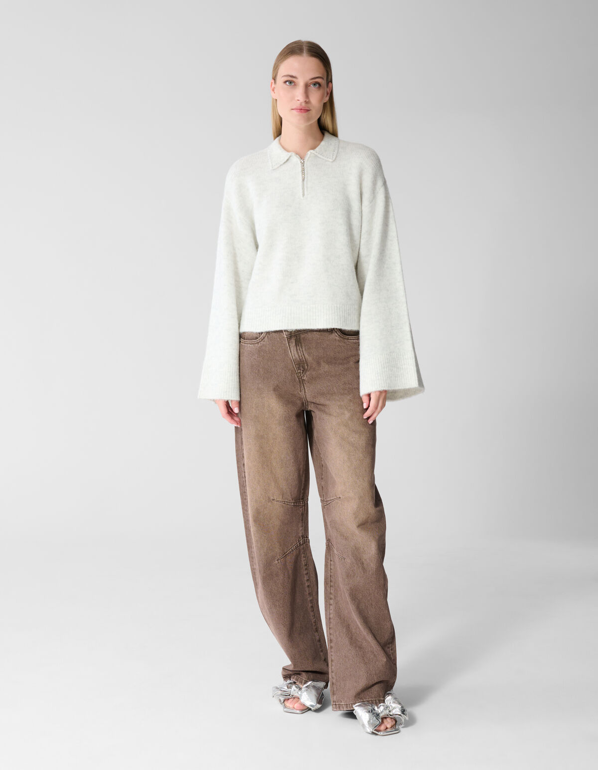 Zip Polo Strickpullover hellgrau SHOEBY WOMEN