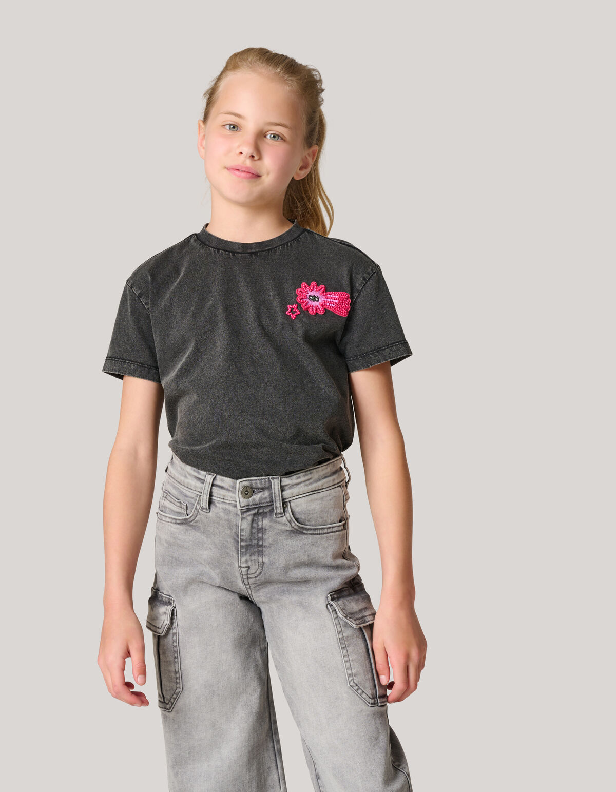 Embroidery T-shirt Donkergrijs SHOEBY GIRLS