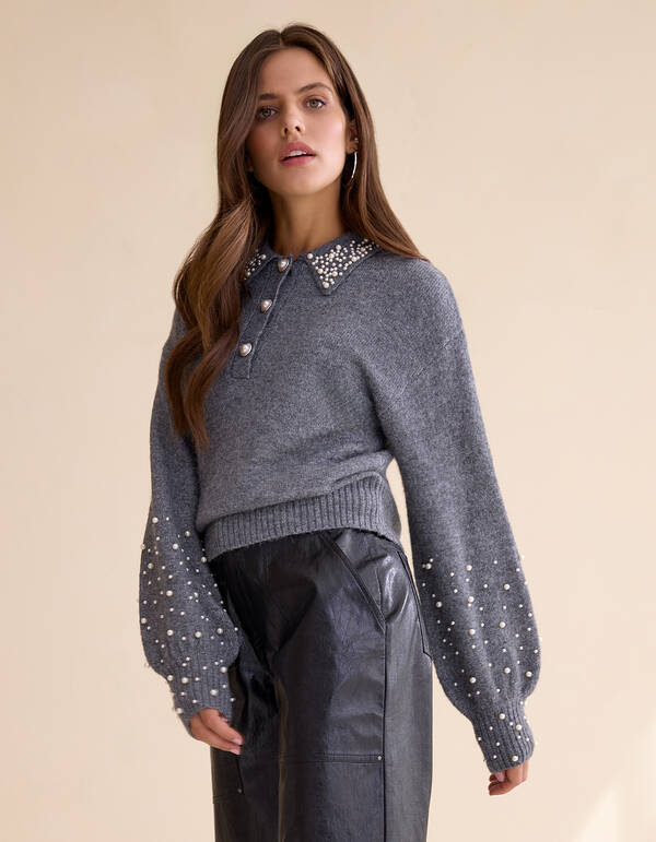 Perlenstrickpullover Grau SHOEBY WOMEN