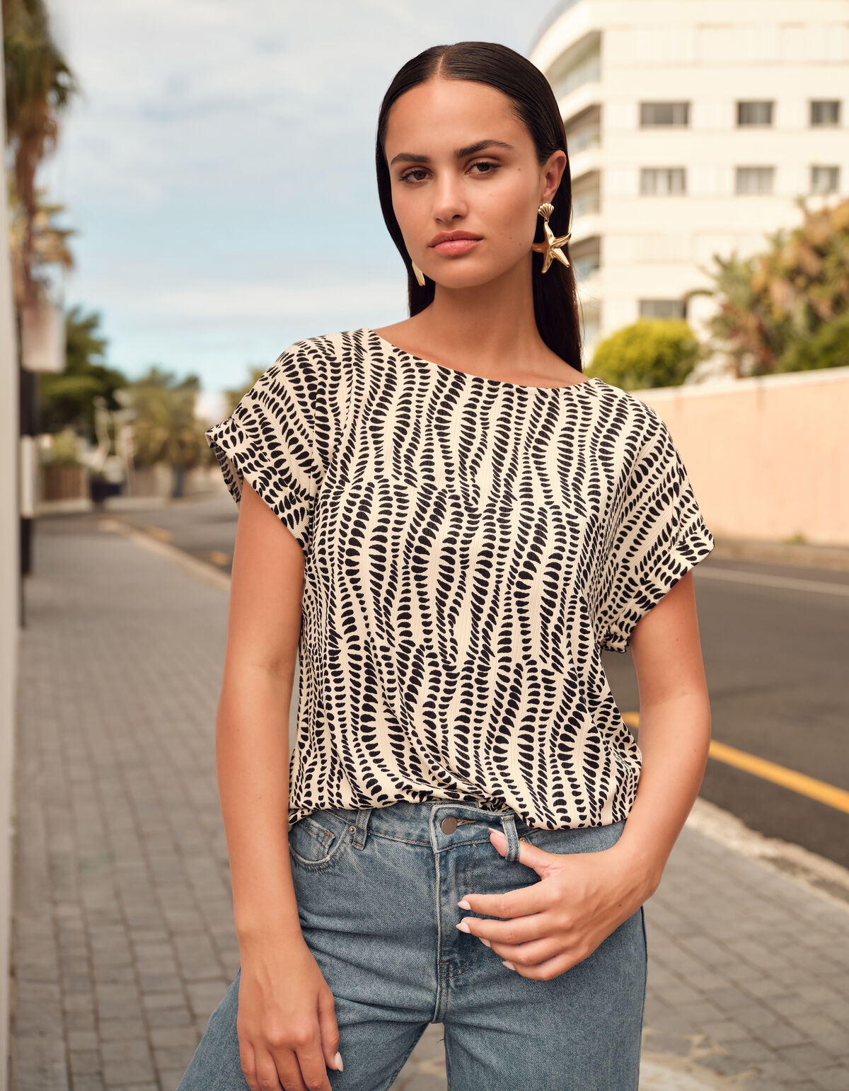 Printed Rib Jersey Top White SHOEBY WOMEN