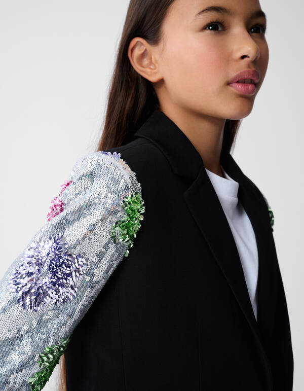 Schwarzer Blazer mit Blumen-Paillettenbesatz SHOEBY GIRLS