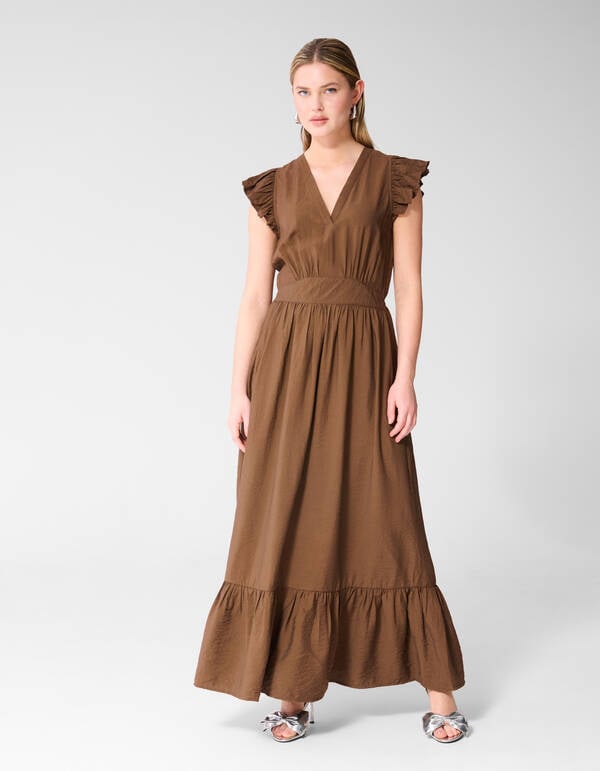 R&uuml;schen V-Ausschnitt Maxi Kleid Dunkelbraun SHOEBY WOMEN