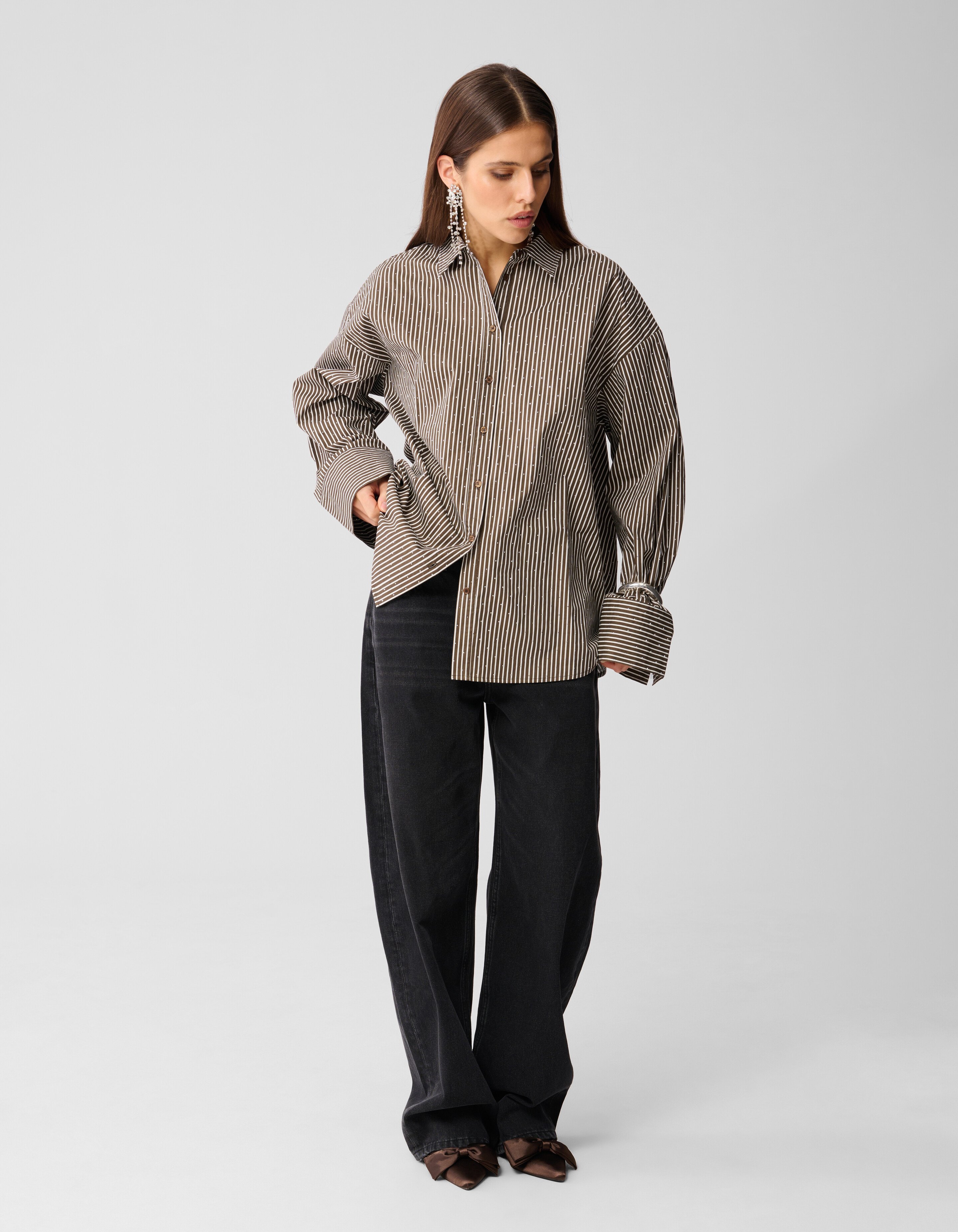 Nadelstreifenbluse mit Strasssteinen, Braun SHOEBY WOMEN