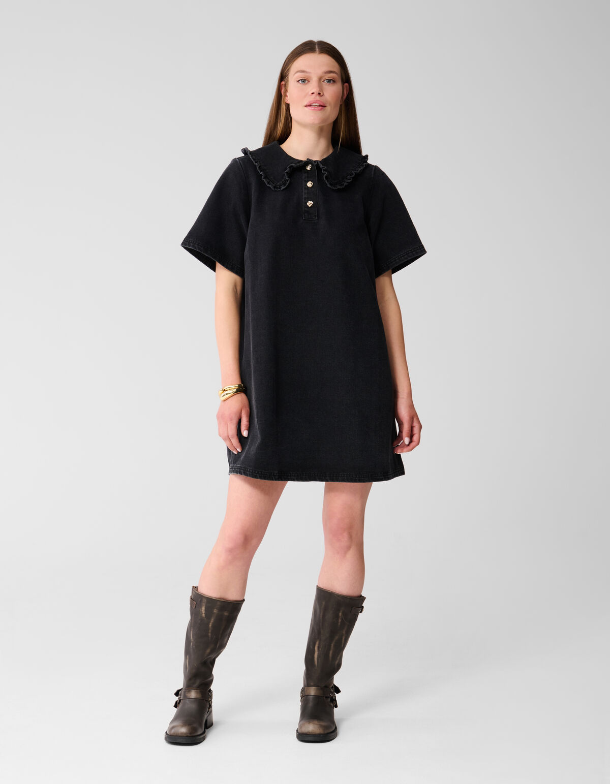 Midikleid mit Denimkragen Schwarz SHOEBY WOMEN