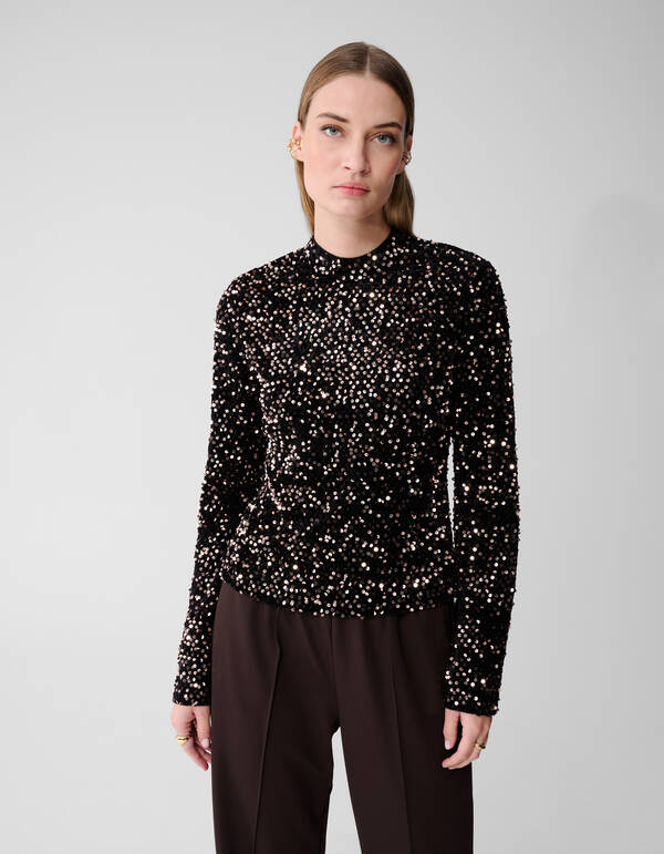 Pailletten-Flare-Langarmshirt Schwarz SHOEBY WOMEN