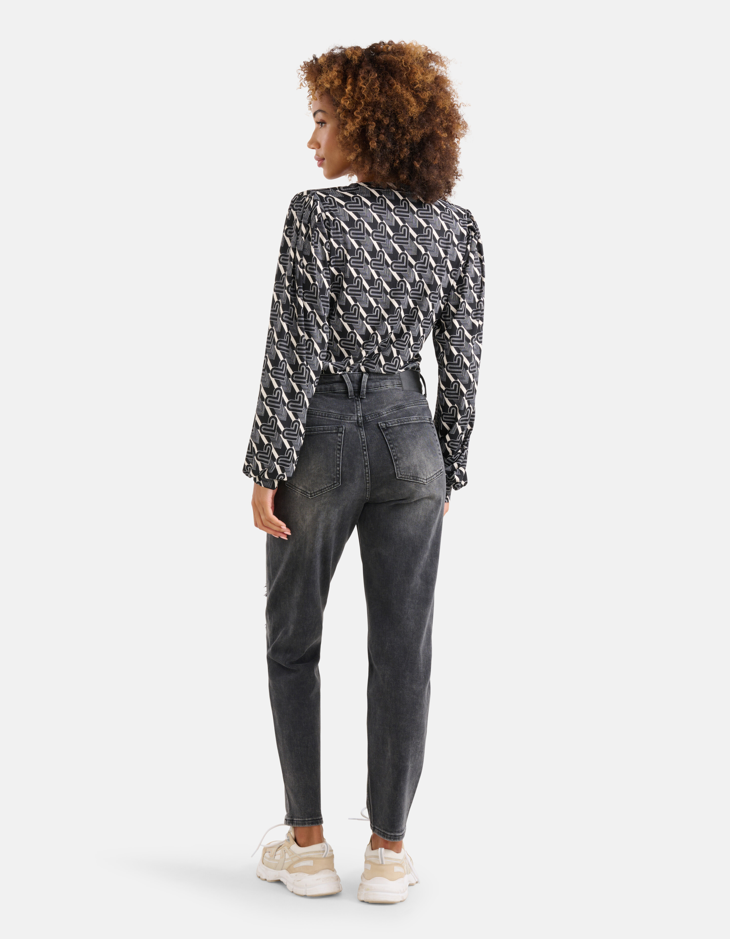 Bedrucktes Rippen-Langarmshirt Schwarz/Weiß SHOEBY WOMEN