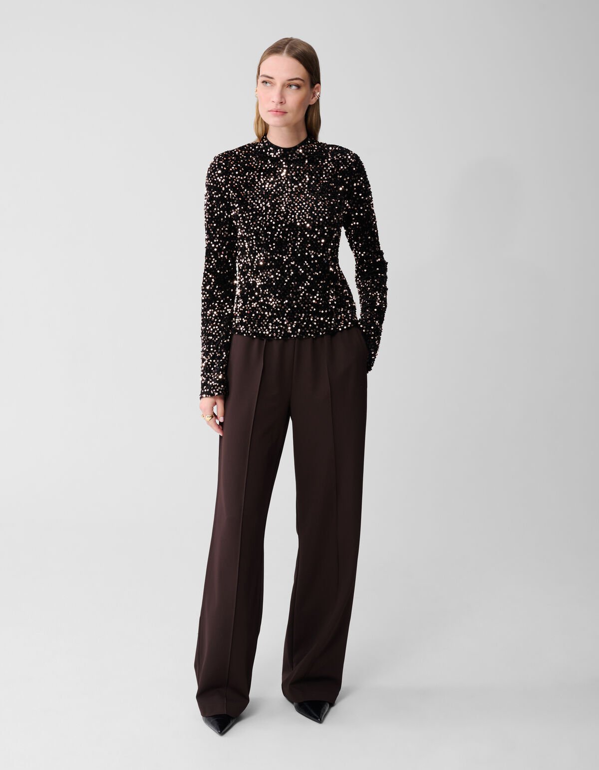 Pailletten-Flare-Langarmshirt Schwarz SHOEBY WOMEN