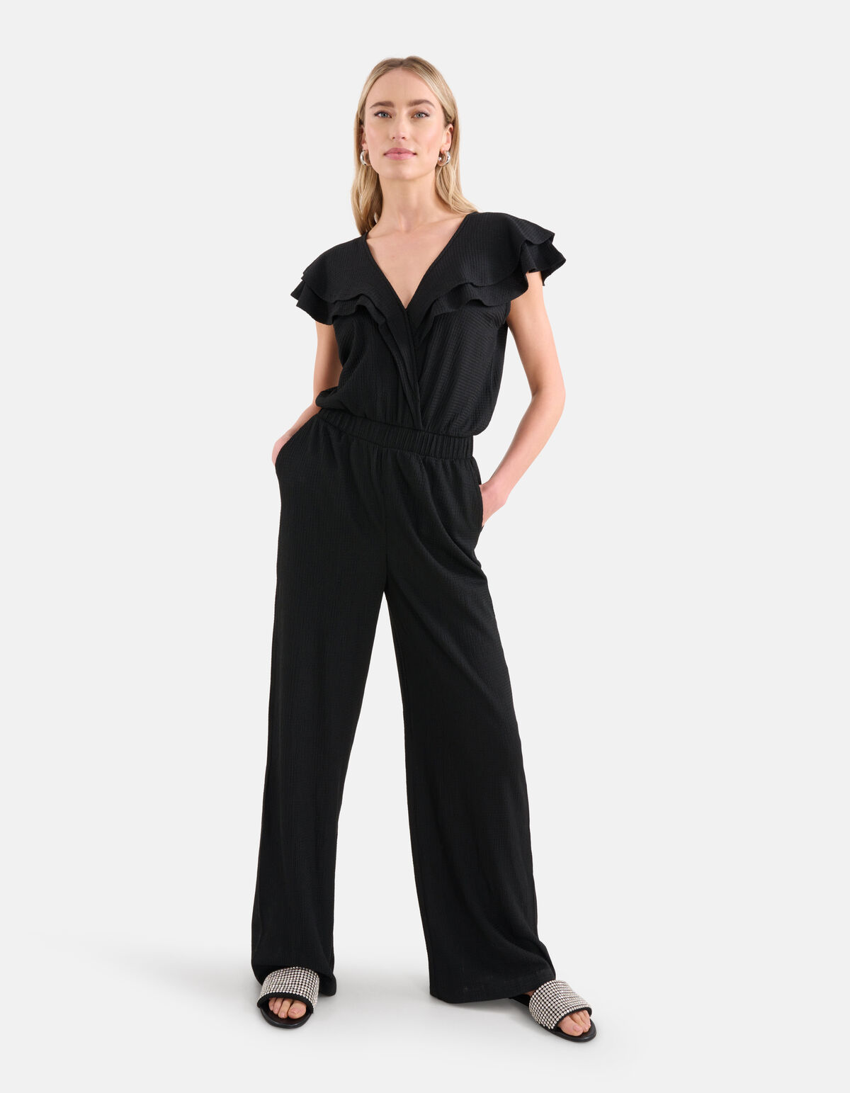 Crinkle Ruffle Jumpsuit Zwart SHOEBY WOMEN